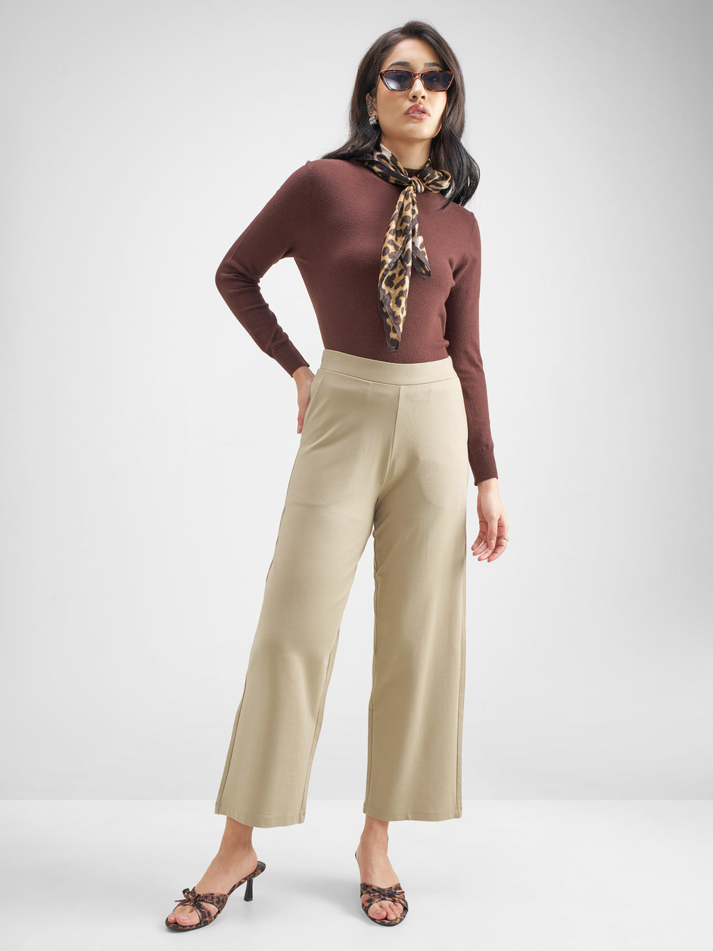Tokyo Talkies Women Beige Solid Wide Leg Regular Trouser - Beige - Image 2