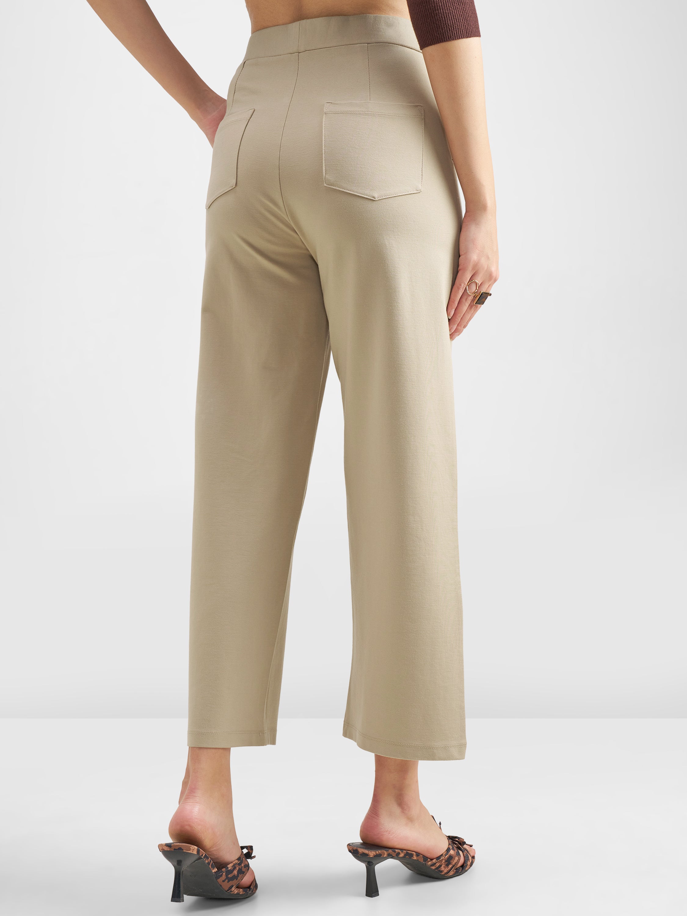 Tokyo Talkies Women Beige Solid Wide Leg Regular Trouser - Beige - Image 3