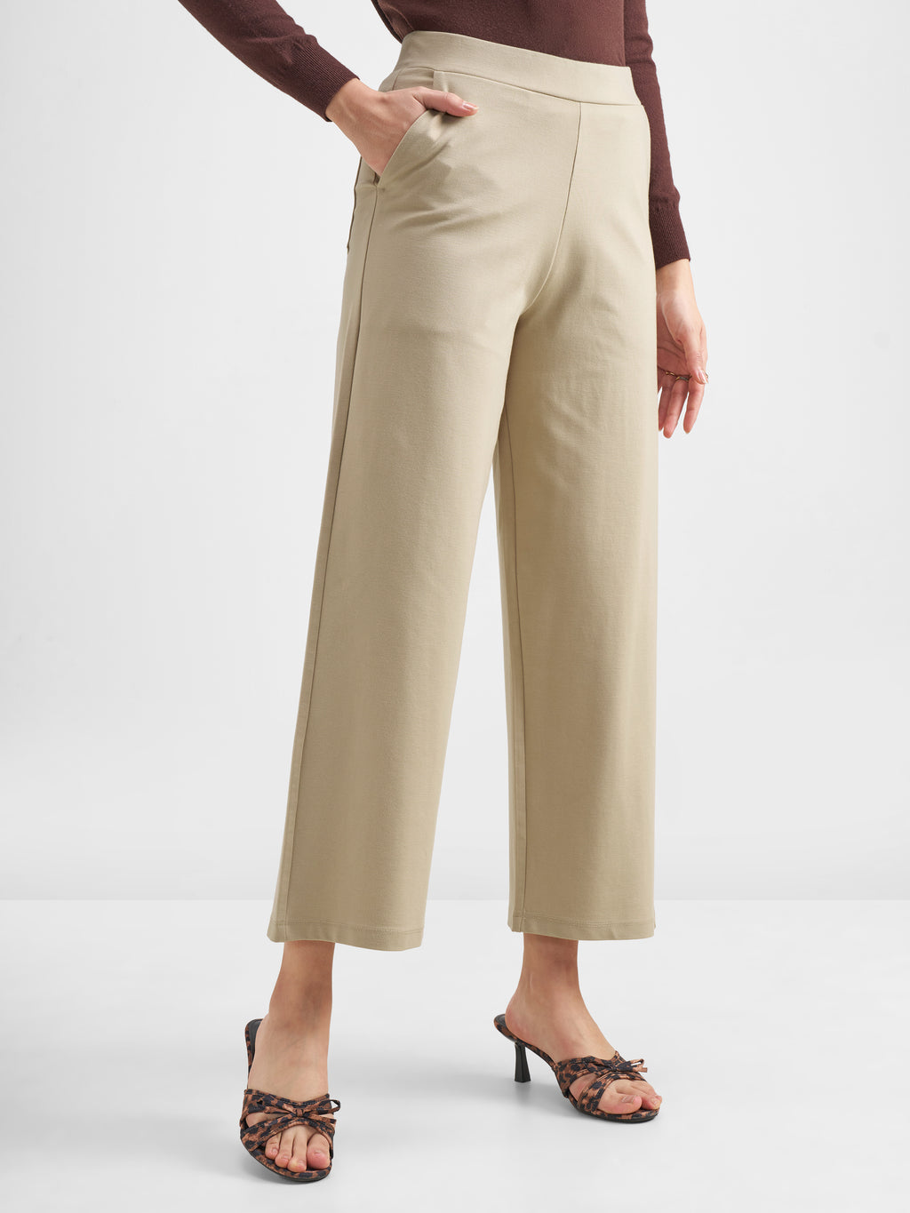 Tokyo Talkies Women Beige Solid Wide Leg Regular Trouser - Beige - Image 4