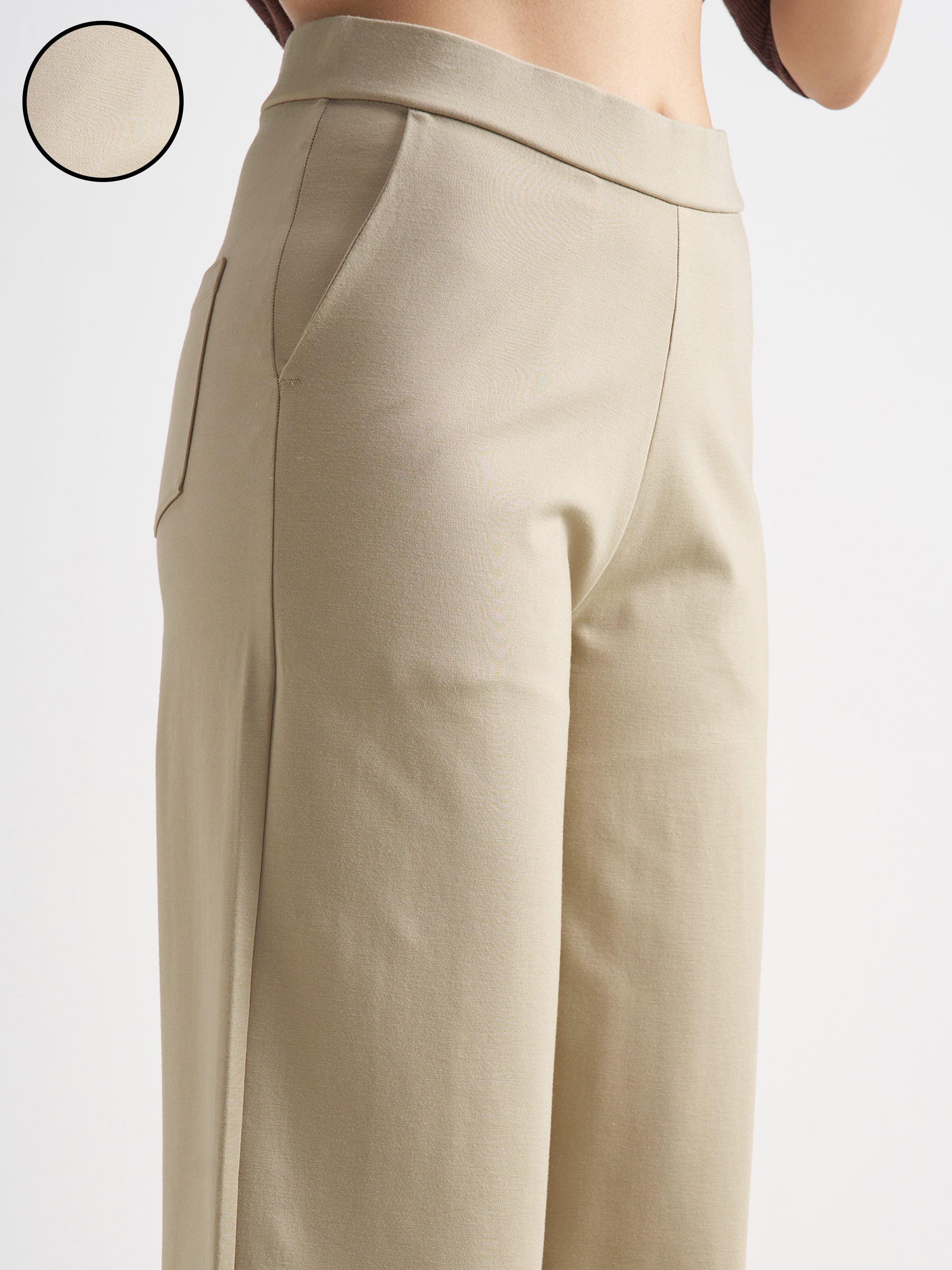 Tokyo Talkies Women Beige Solid Wide Leg Regular Trouser - Beige - Image 5
