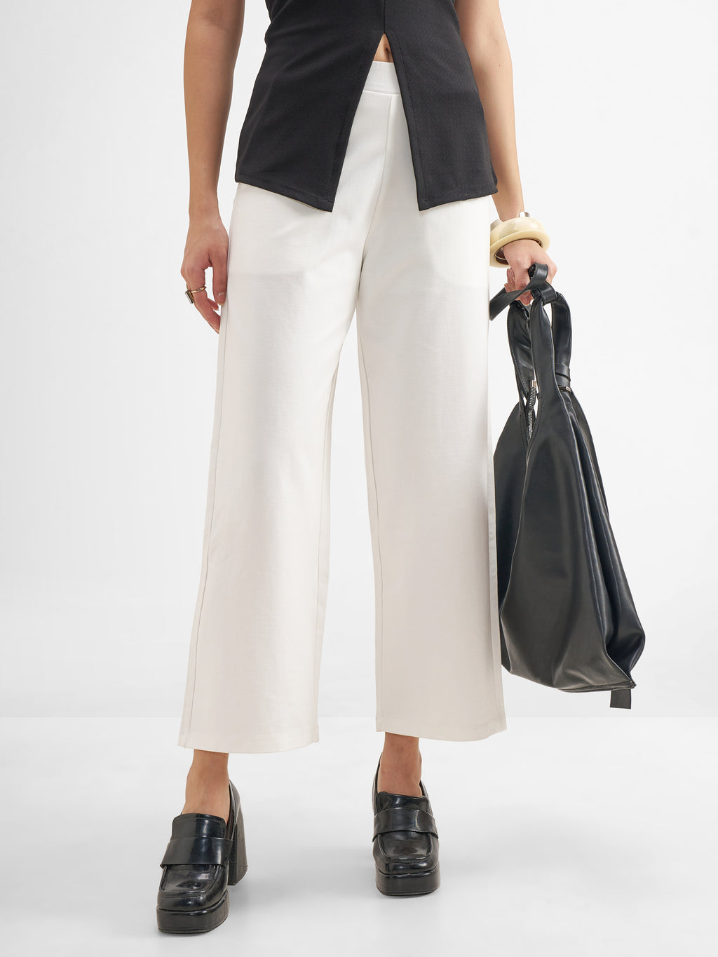 Tokyo Talkies Women White Solid Wide Leg Regular Trouser - White - Image 1