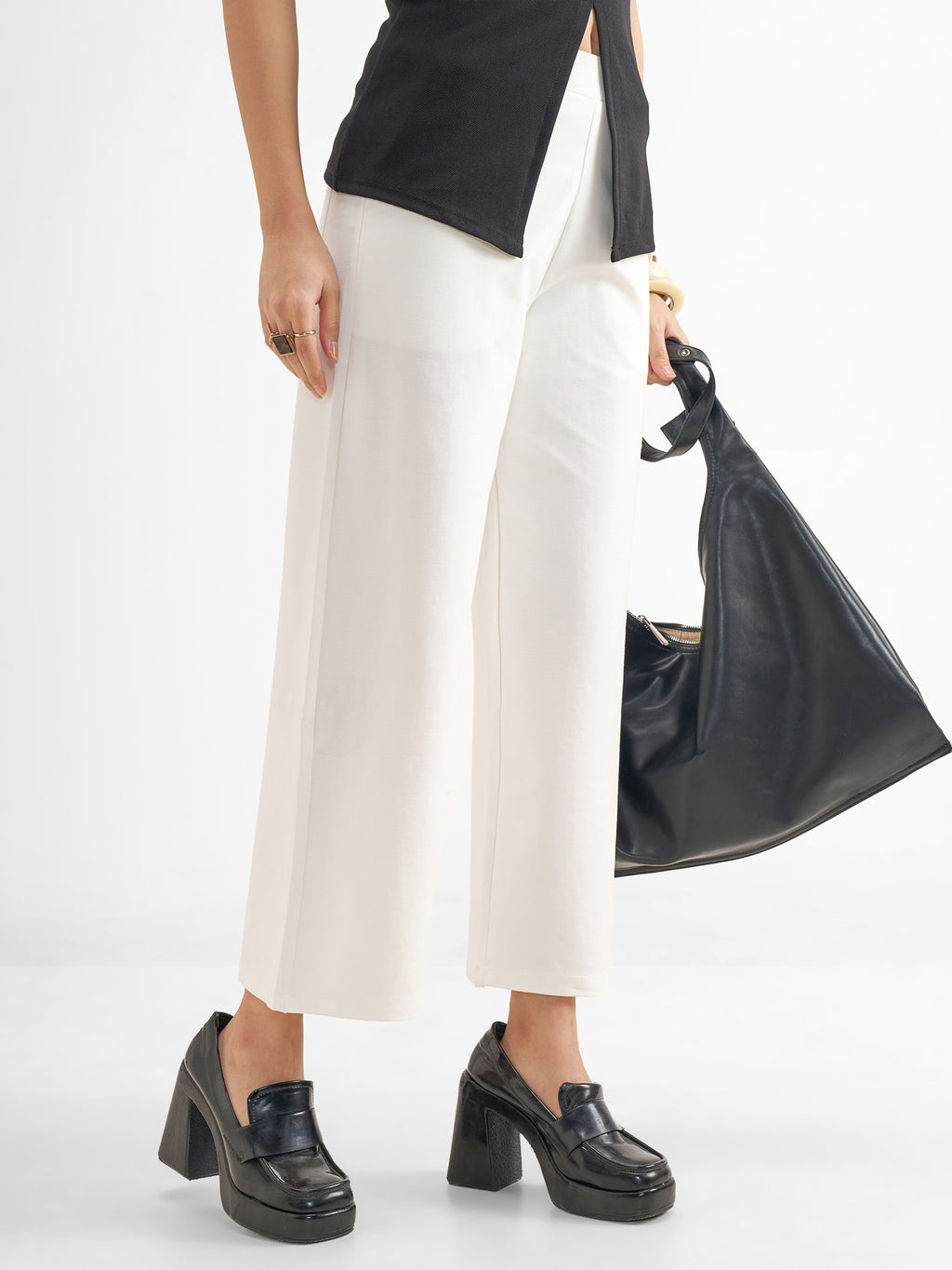Tokyo Talkies Women White Solid Wide Leg Regular Trouser - White - Image 6