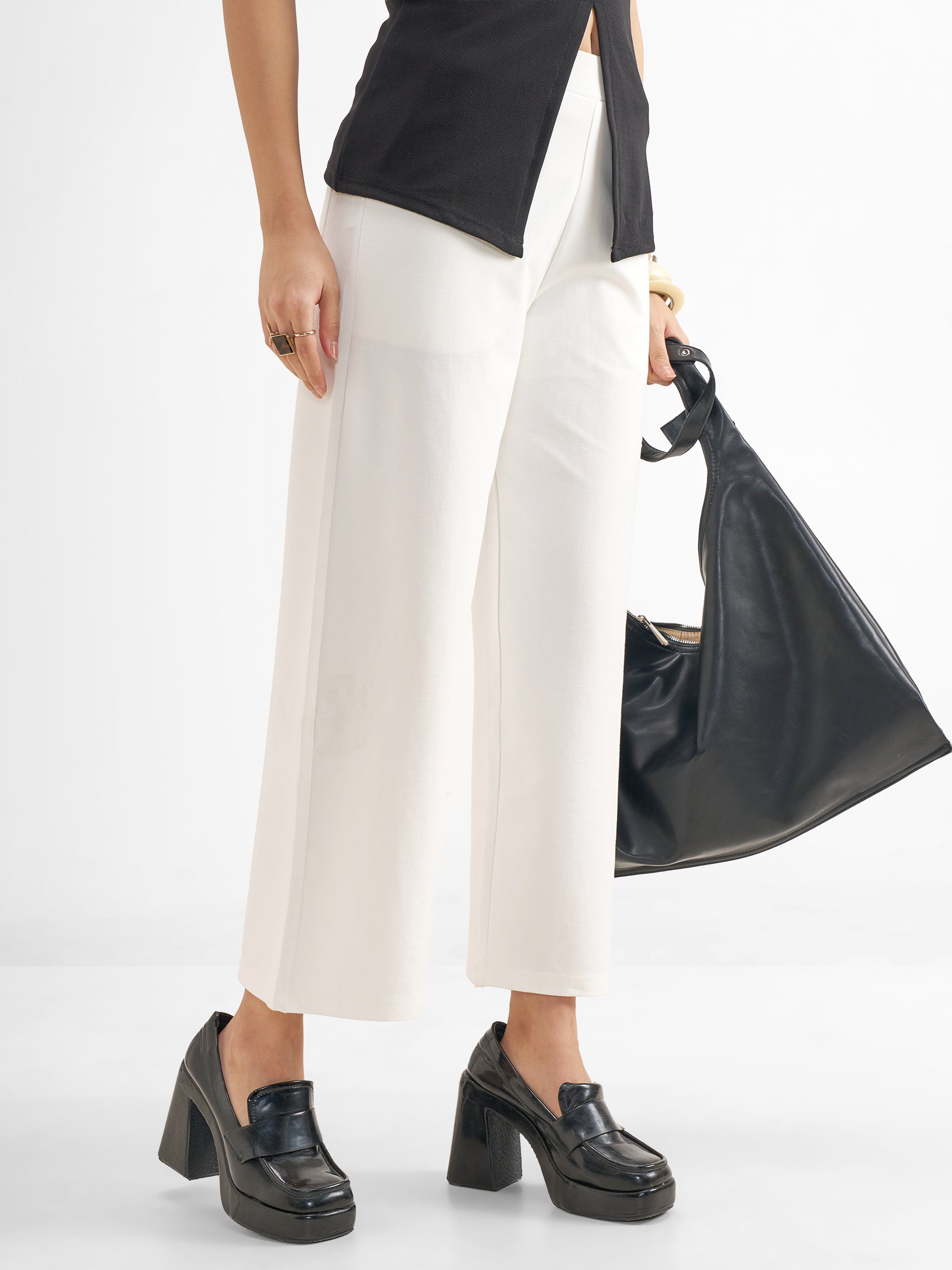 Tokyo Talkies Women White Solid Wide Leg Regular Trouser - White - Image 6