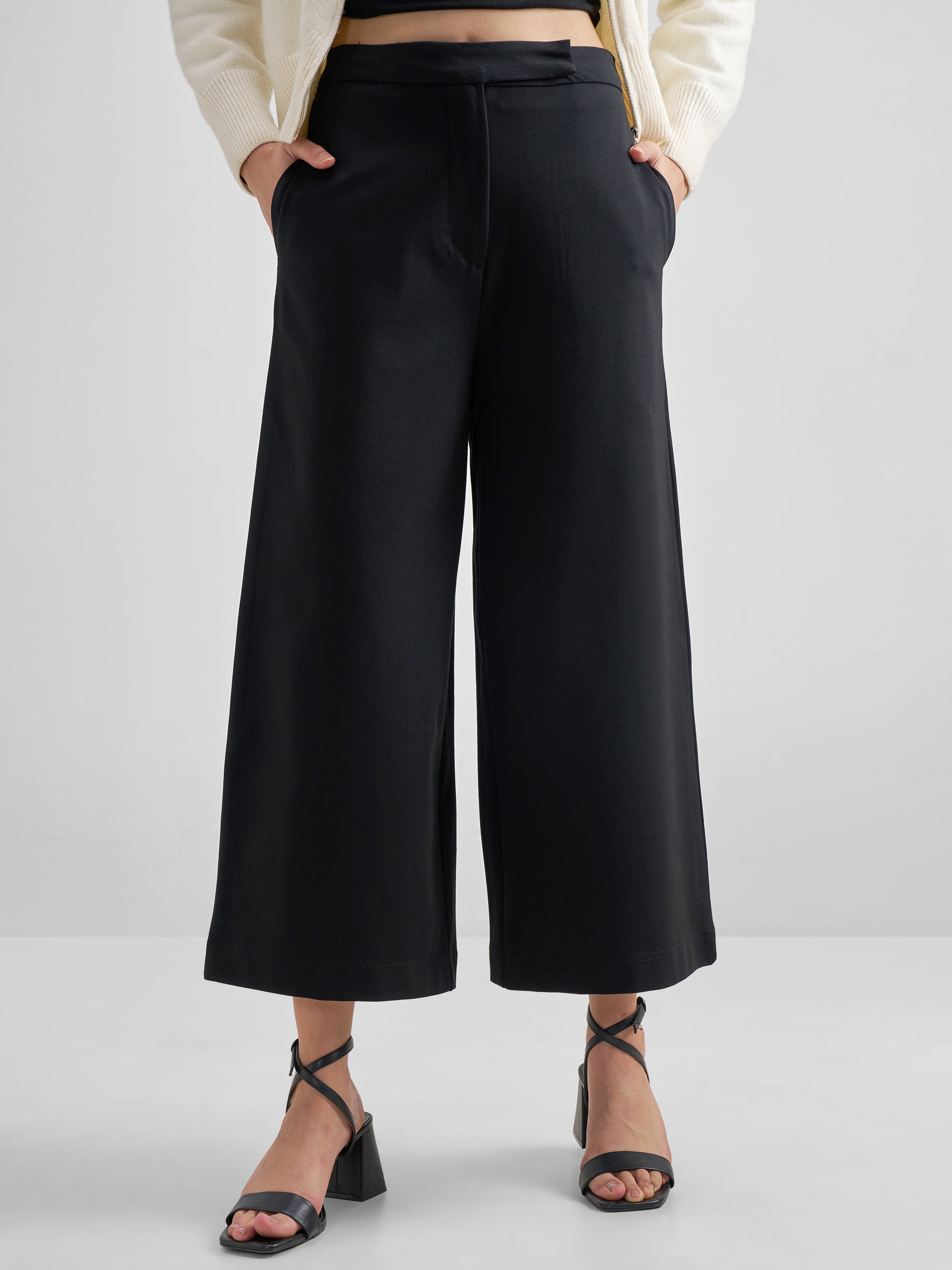 Tokyo Talkies Women Black Solid Wide Leg Regular Trouser - Black - Image 1