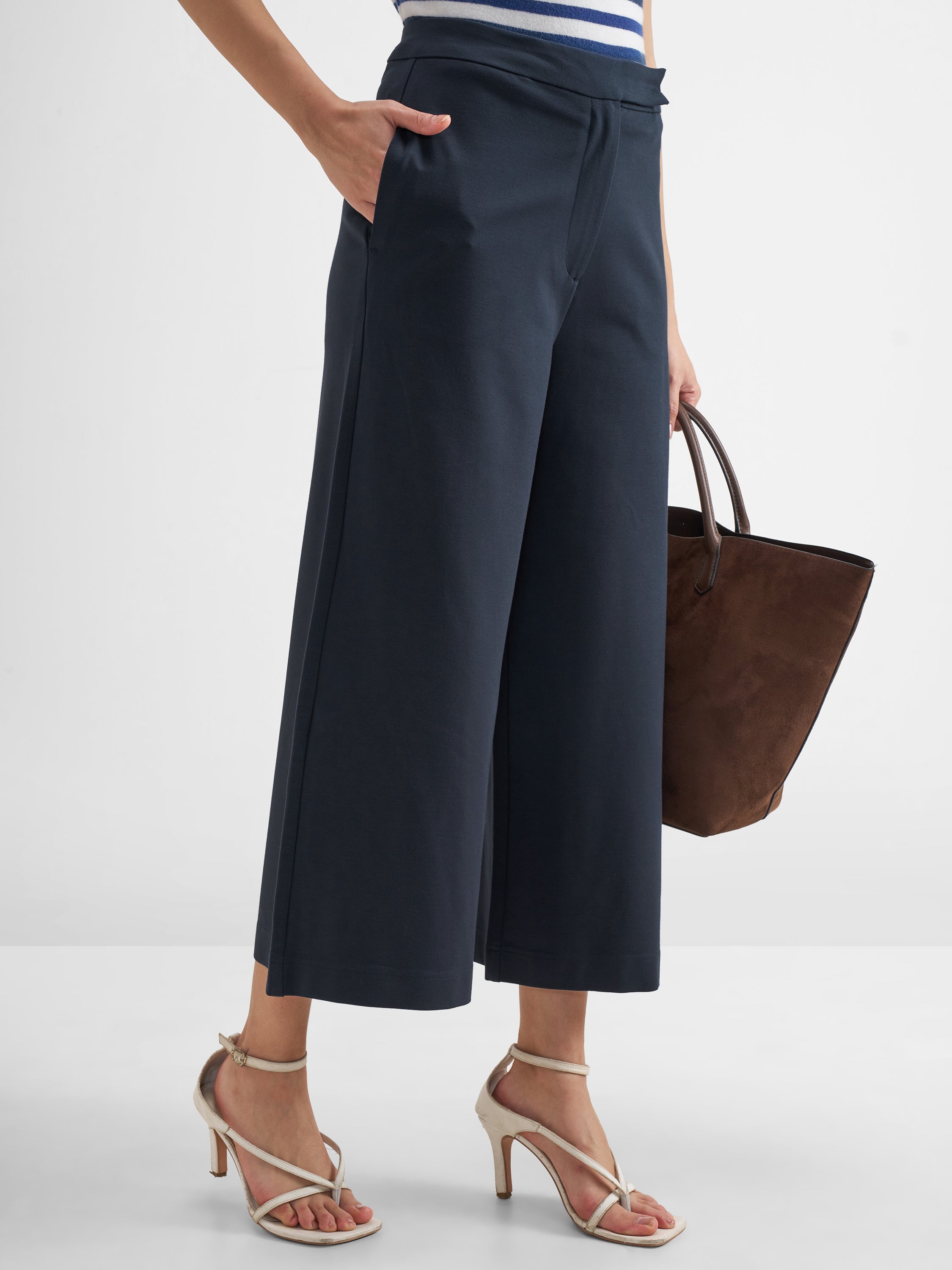 Tokyo Talkies Women Navy Blue Solid Wide Leg Regular Trouser - Navy Blue - Image 6