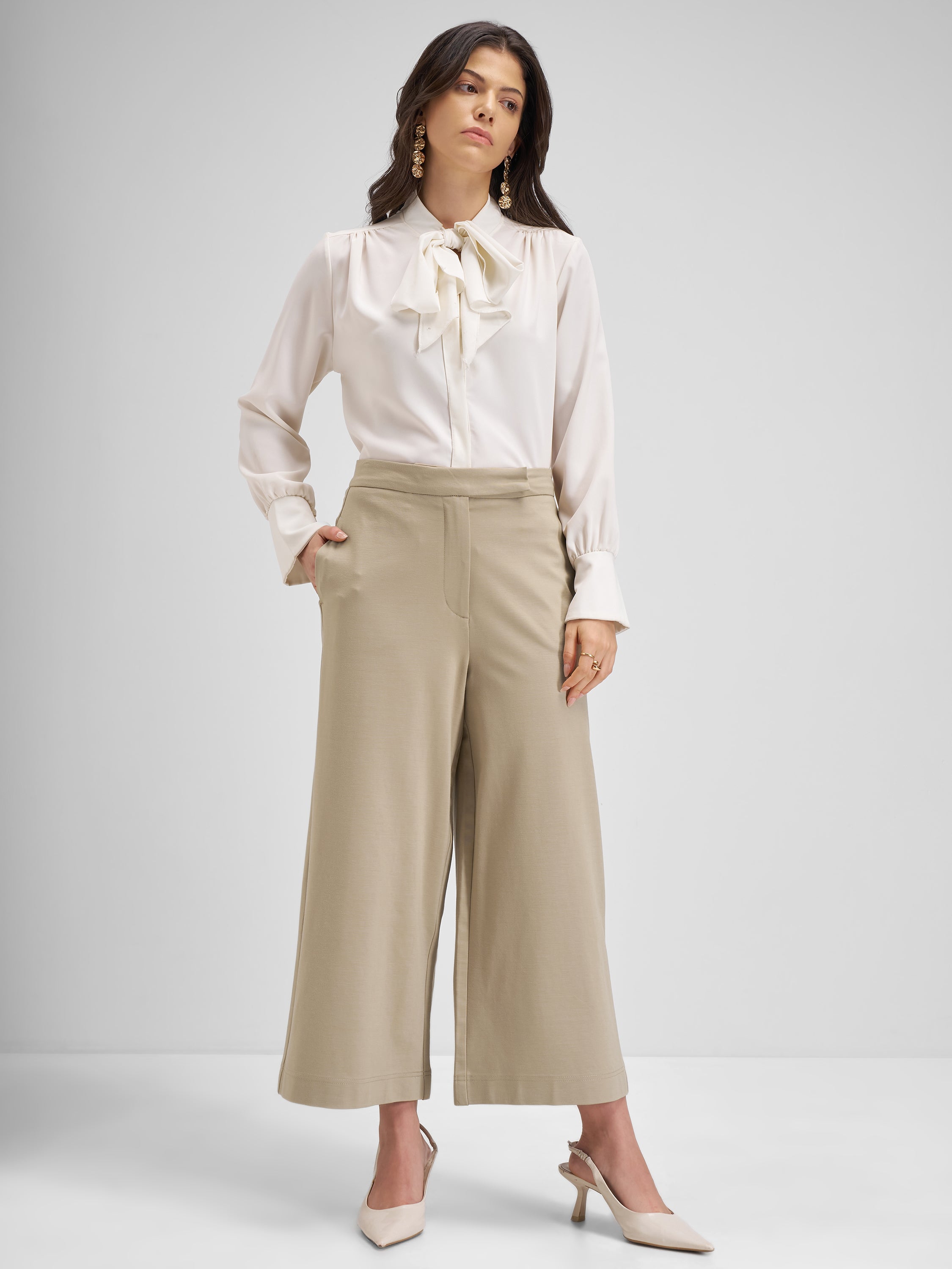 Tokyo Talkies Women Beige Solid Loose Fit Regular Trouser