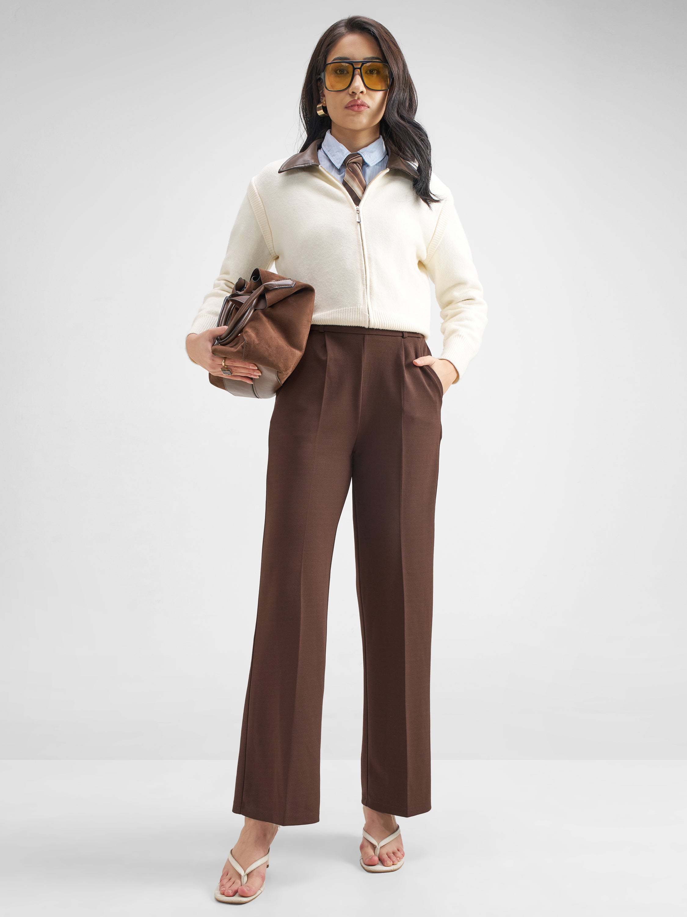 Tokyo Talkies Women Brown Solid Wide Leg Regular Trouser - Brown - Image 2