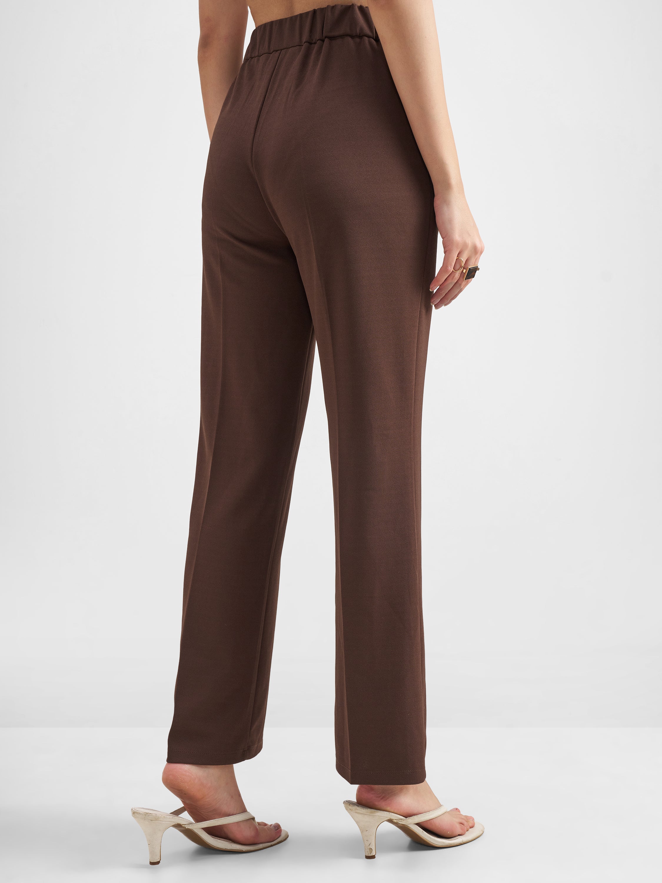 Tokyo Talkies Women Brown Solid Wide Leg Regular Trouser - Brown - Image 3