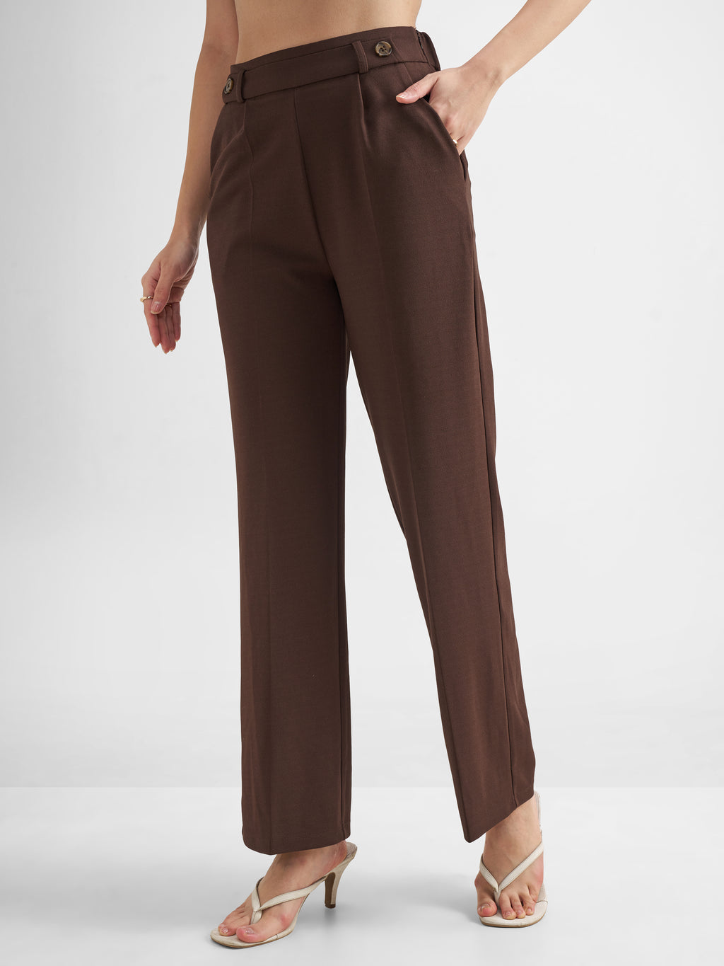 Tokyo Talkies Women Brown Solid Wide Leg Regular Trouser - Brown - Image 4