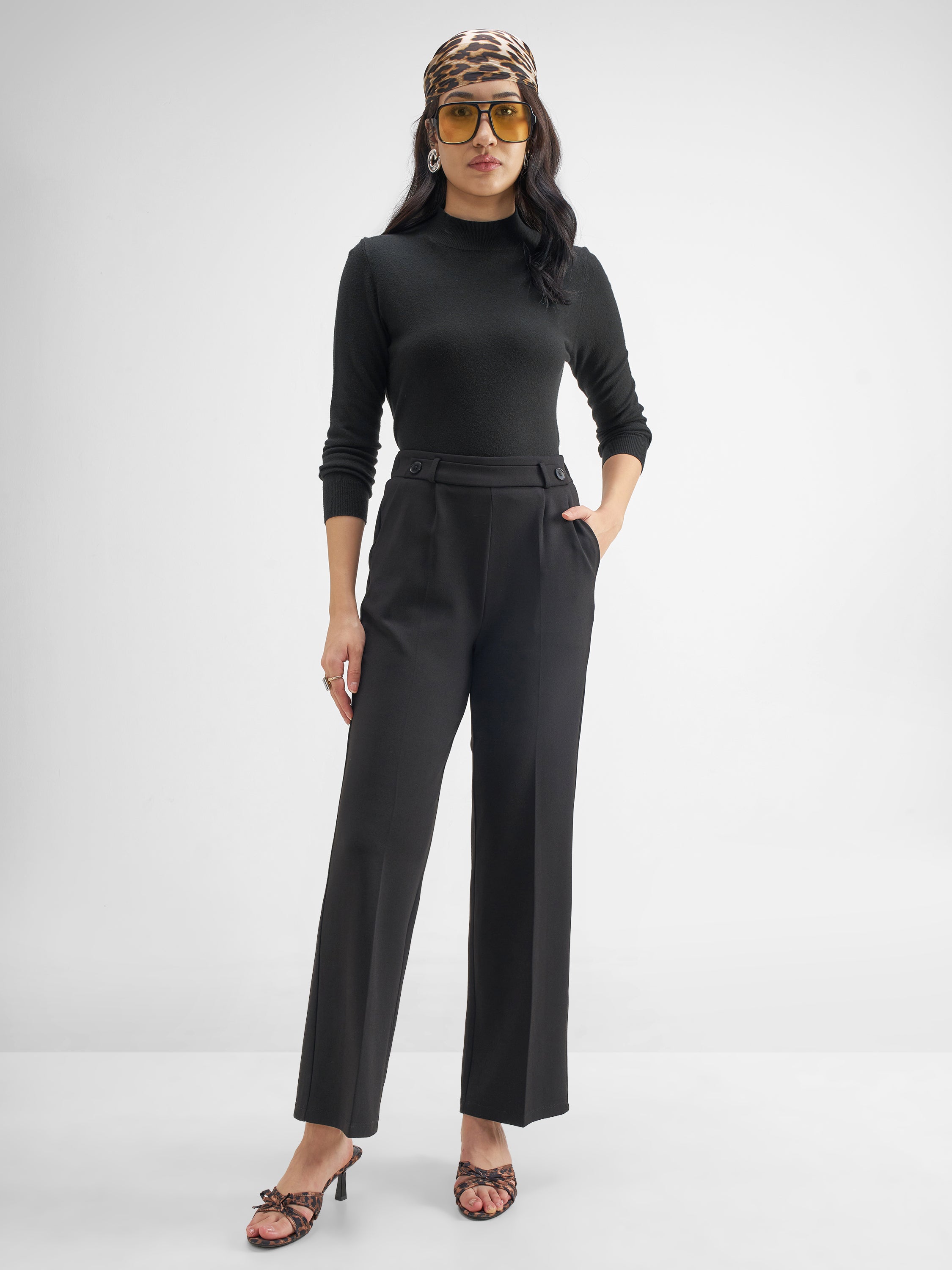 Tokyo Talkies Women Black Solid Straight Fit Regular Trouser - Black - Image 2