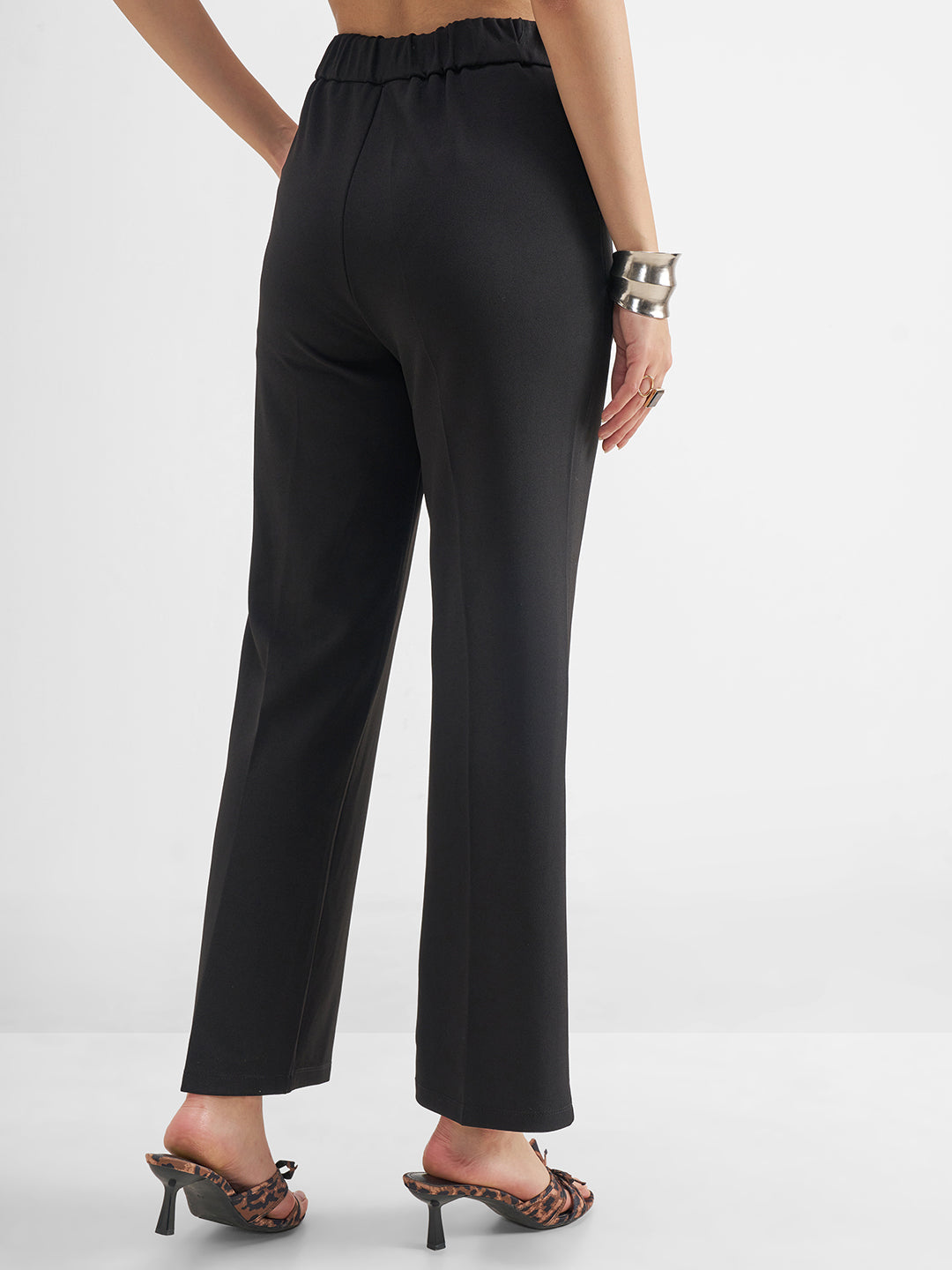 Tokyo Talkies Women Black Solid Straight Fit Regular Trouser - Black - Image 3