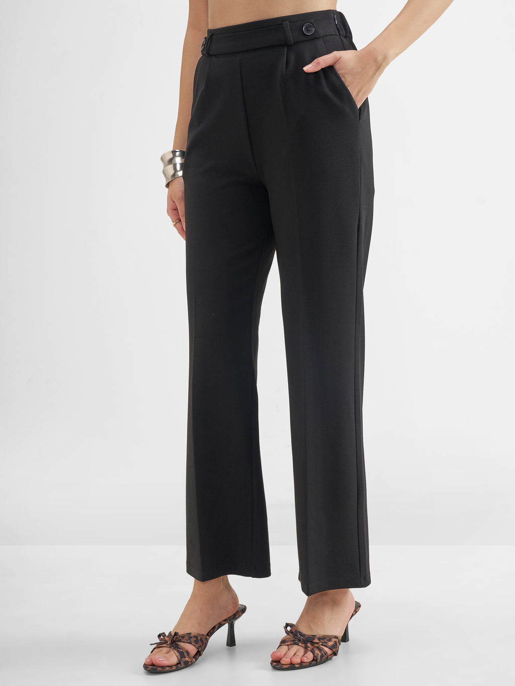 Tokyo Talkies Women Black Solid Straight Fit Regular Trouser - Black - Image 4