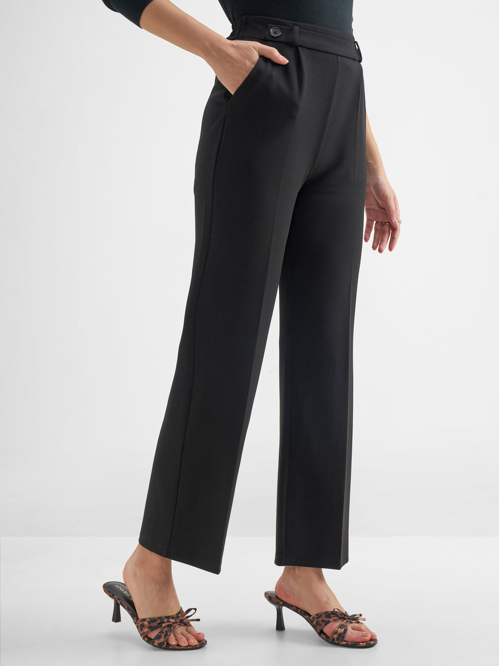 Tokyo Talkies Women Black Solid Straight Fit Regular Trouser - Black - Image 6
