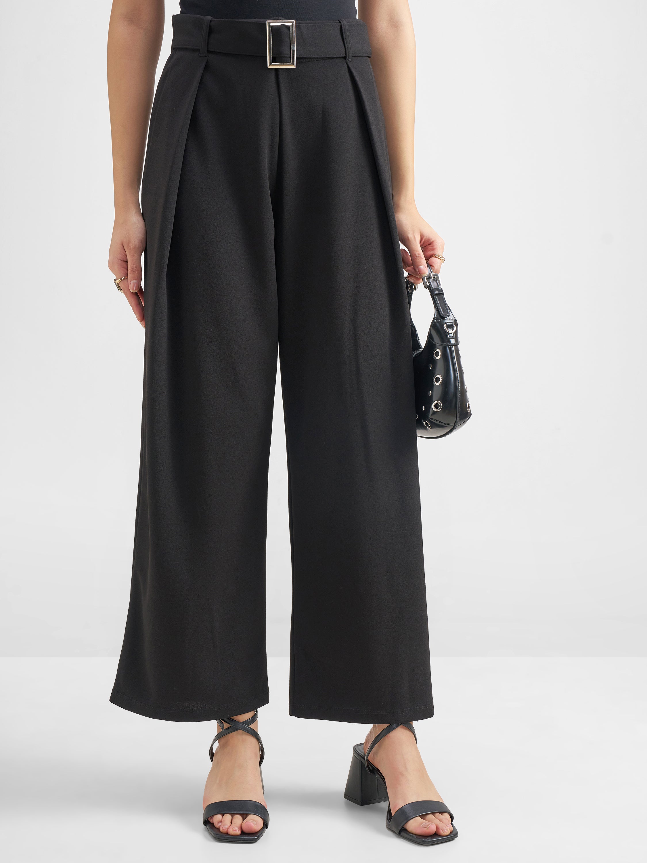 Tokyo Talkies Women Black Solid Wide Leg Regular Trouser - Black - Image 1