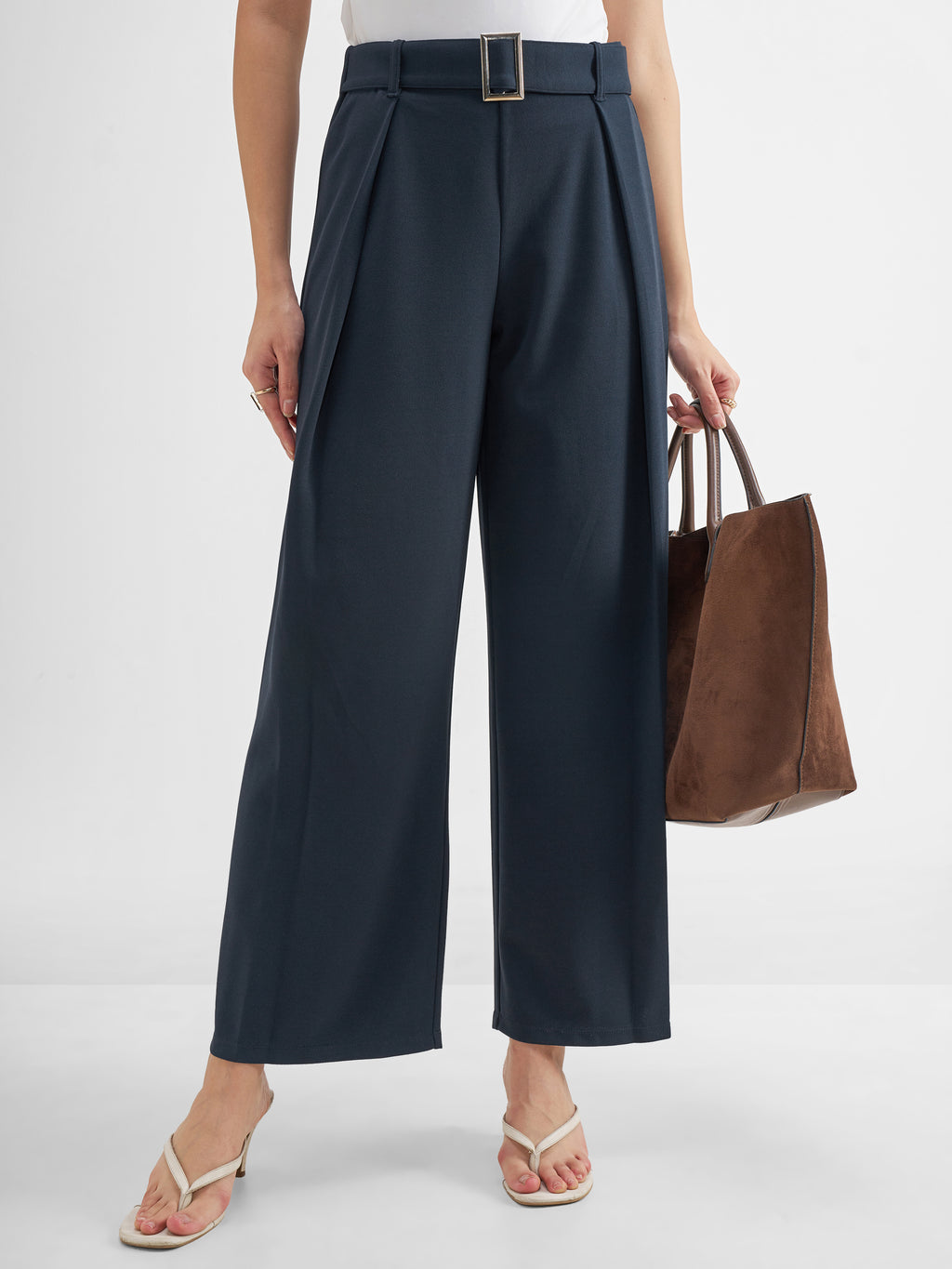 Tokyo Talkies Women Navy Blue Solid Wide Leg Regular Trouser - Navy Blue - Image 1
