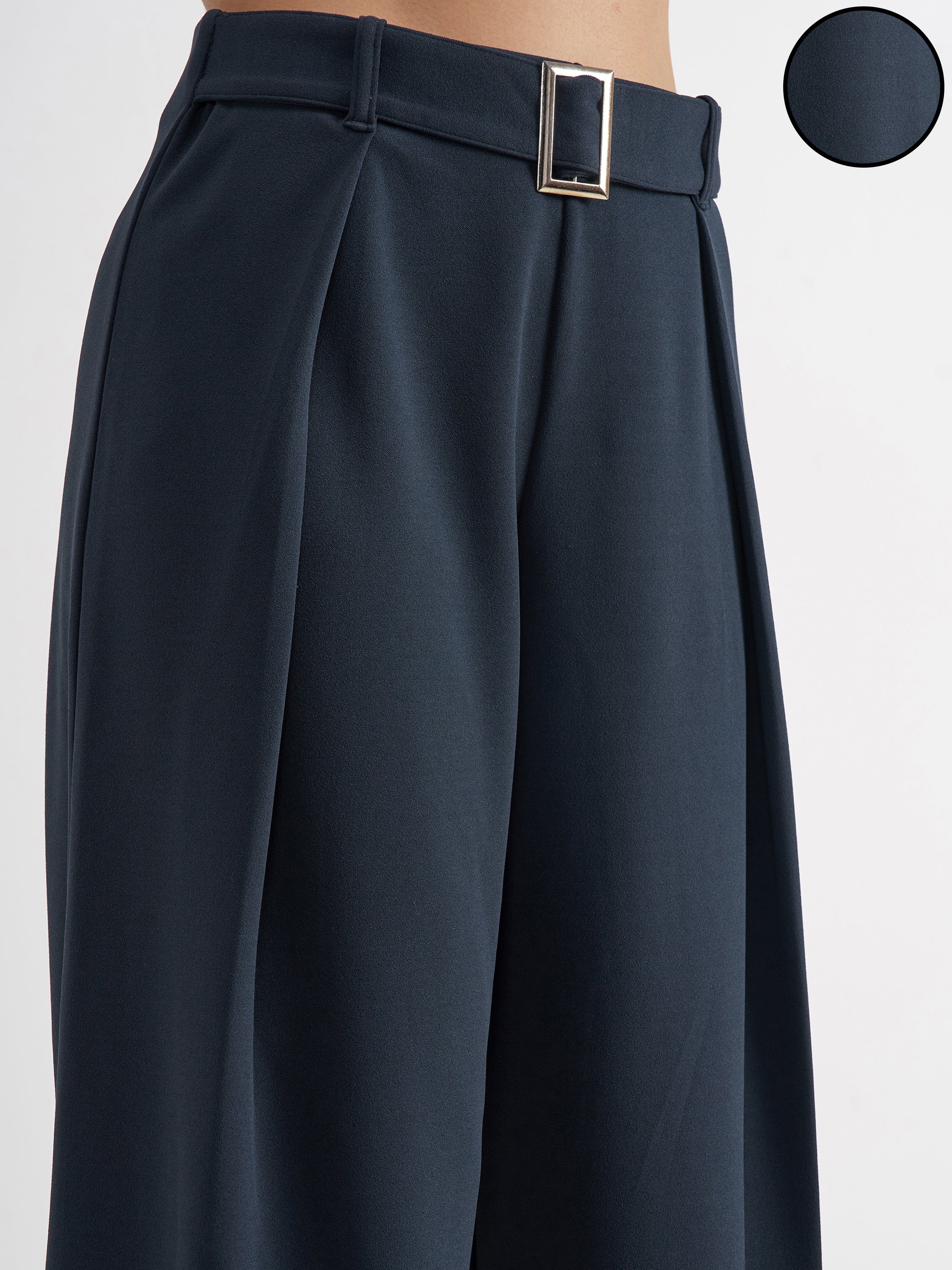 Tokyo Talkies Women Navy Blue Solid Wide Leg Regular Trouser - Navy Blue - Image 5