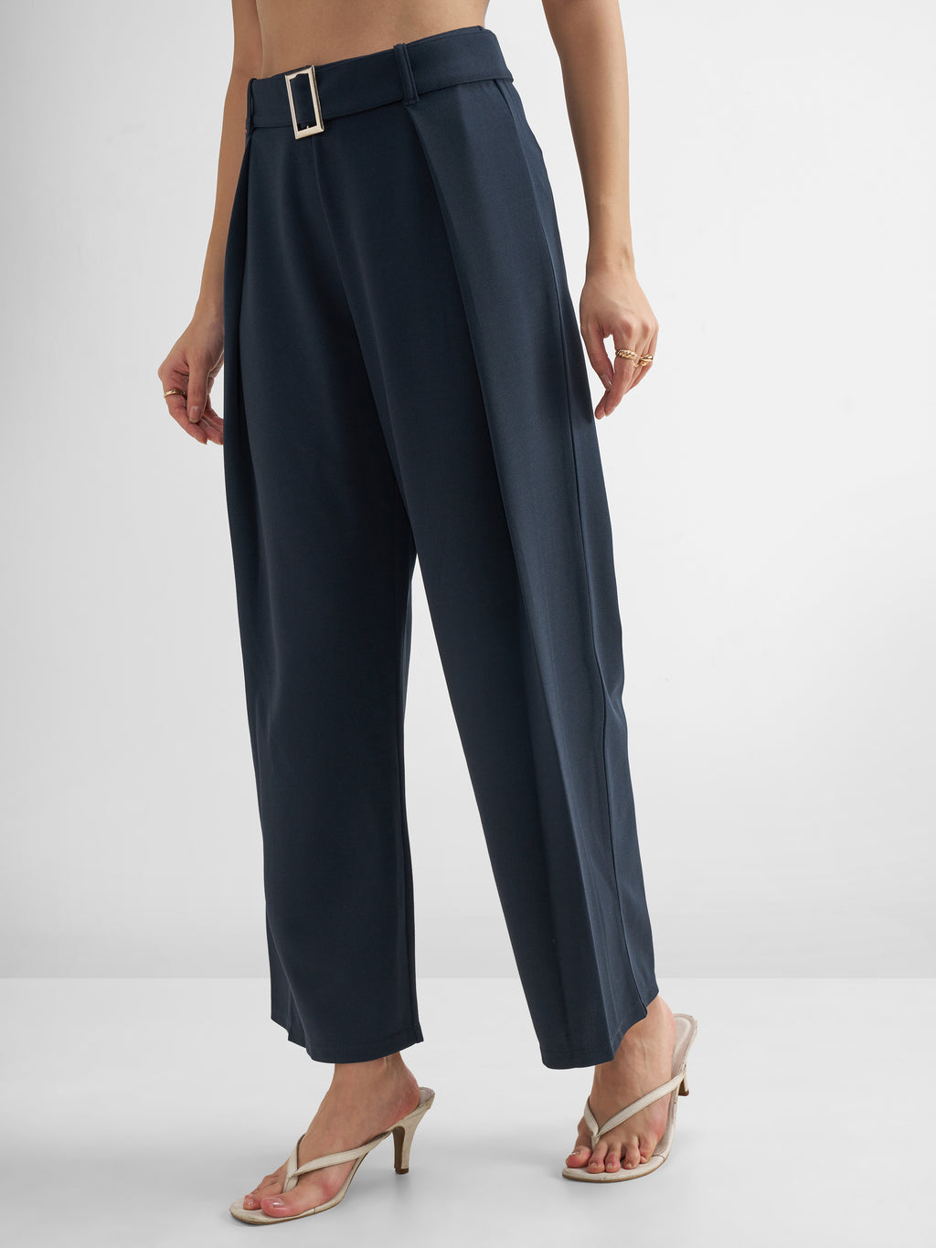 Tokyo Talkies Women Navy Blue Solid Wide Leg Regular Trouser - Navy Blue - Image 6