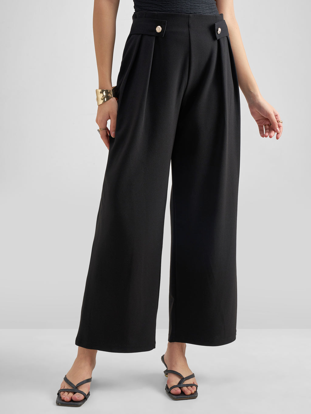 Tokyo Talkies Women Black Solid Wide Leg Regular Trouser - Black - Image 1