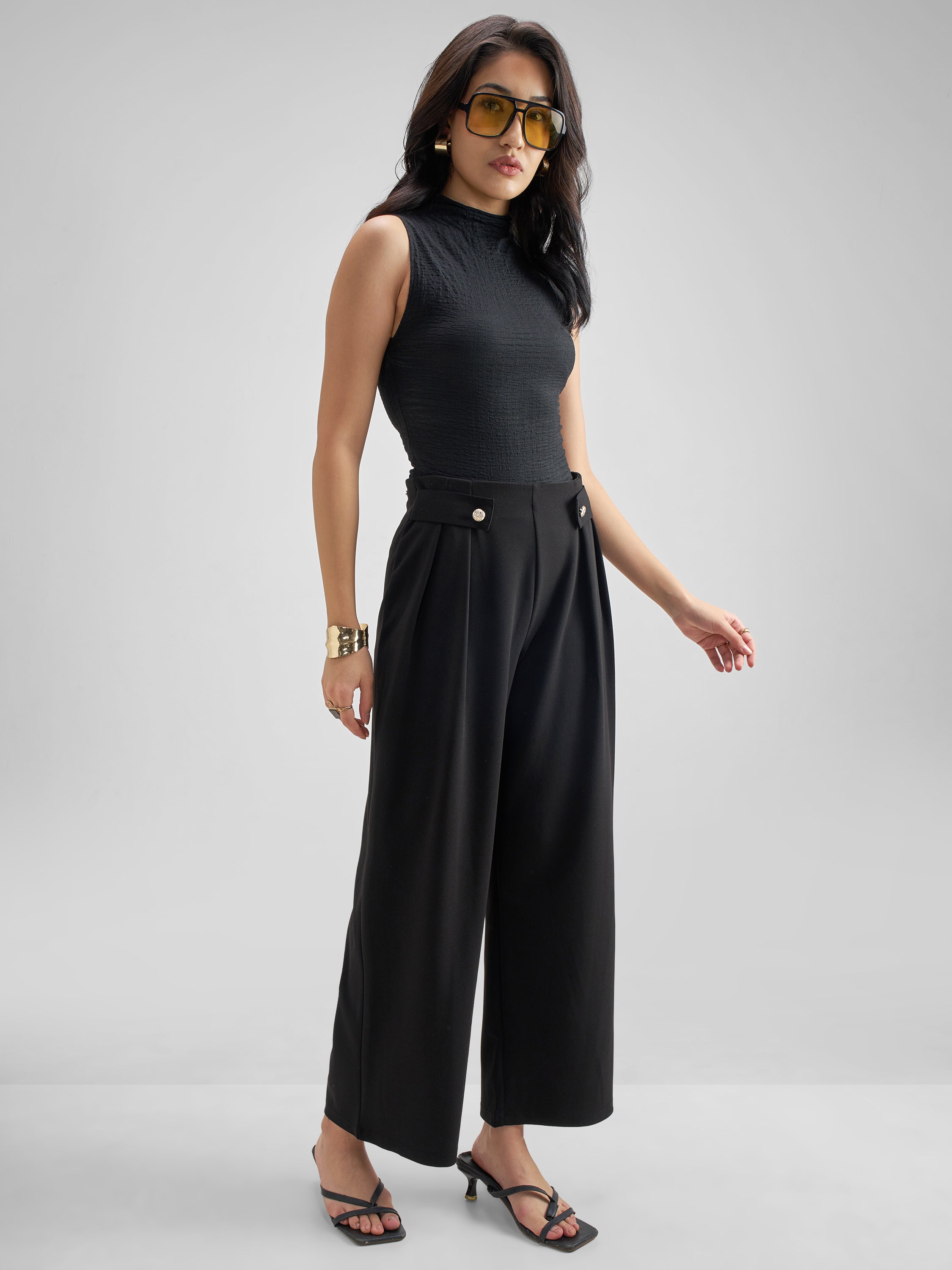 Tokyo Talkies Women Black Solid Wide Leg Regular Trouser - Black - Image 2