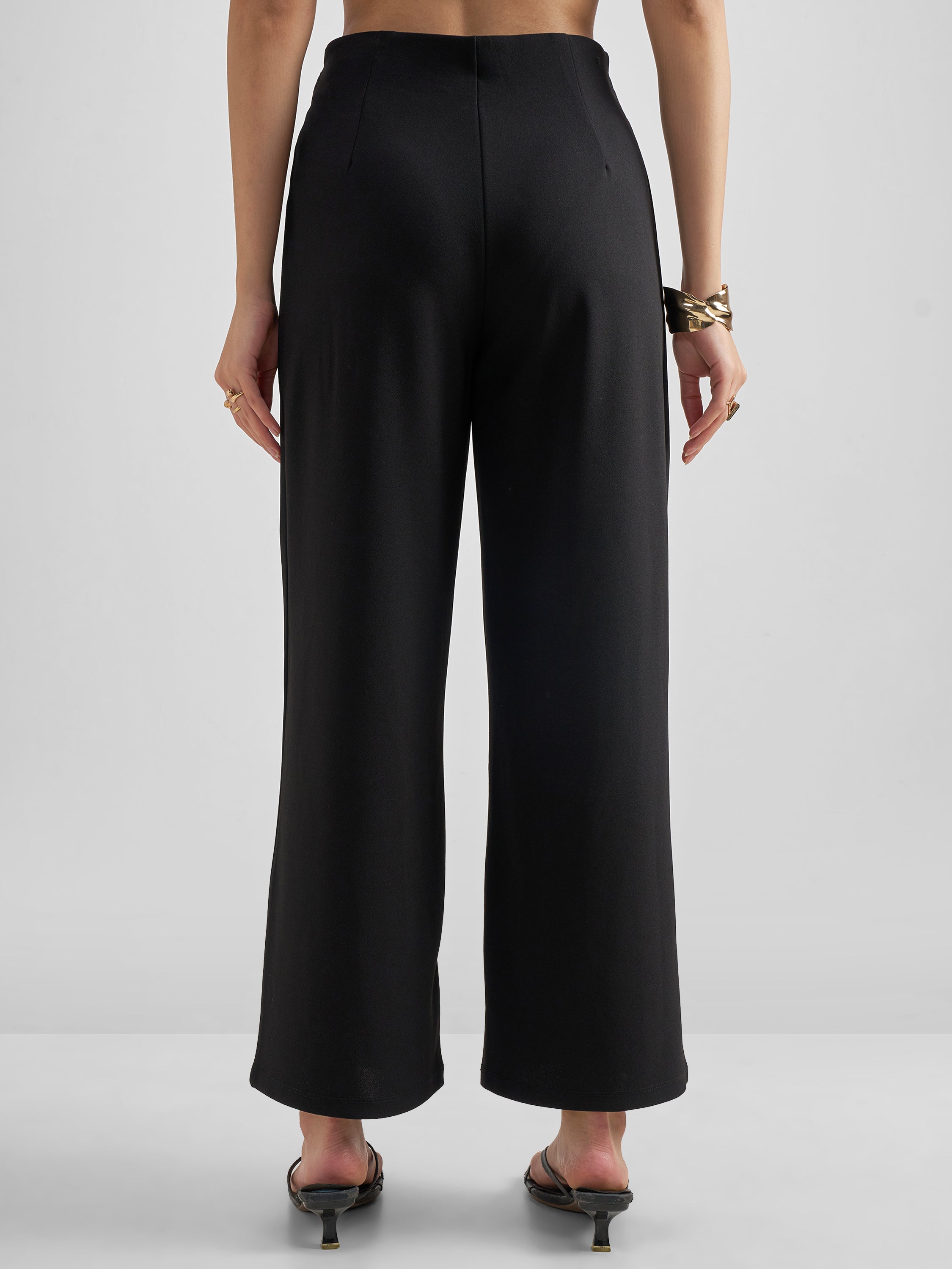 Tokyo Talkies Women Black Solid Wide Leg Regular Trouser - Black - Image 3