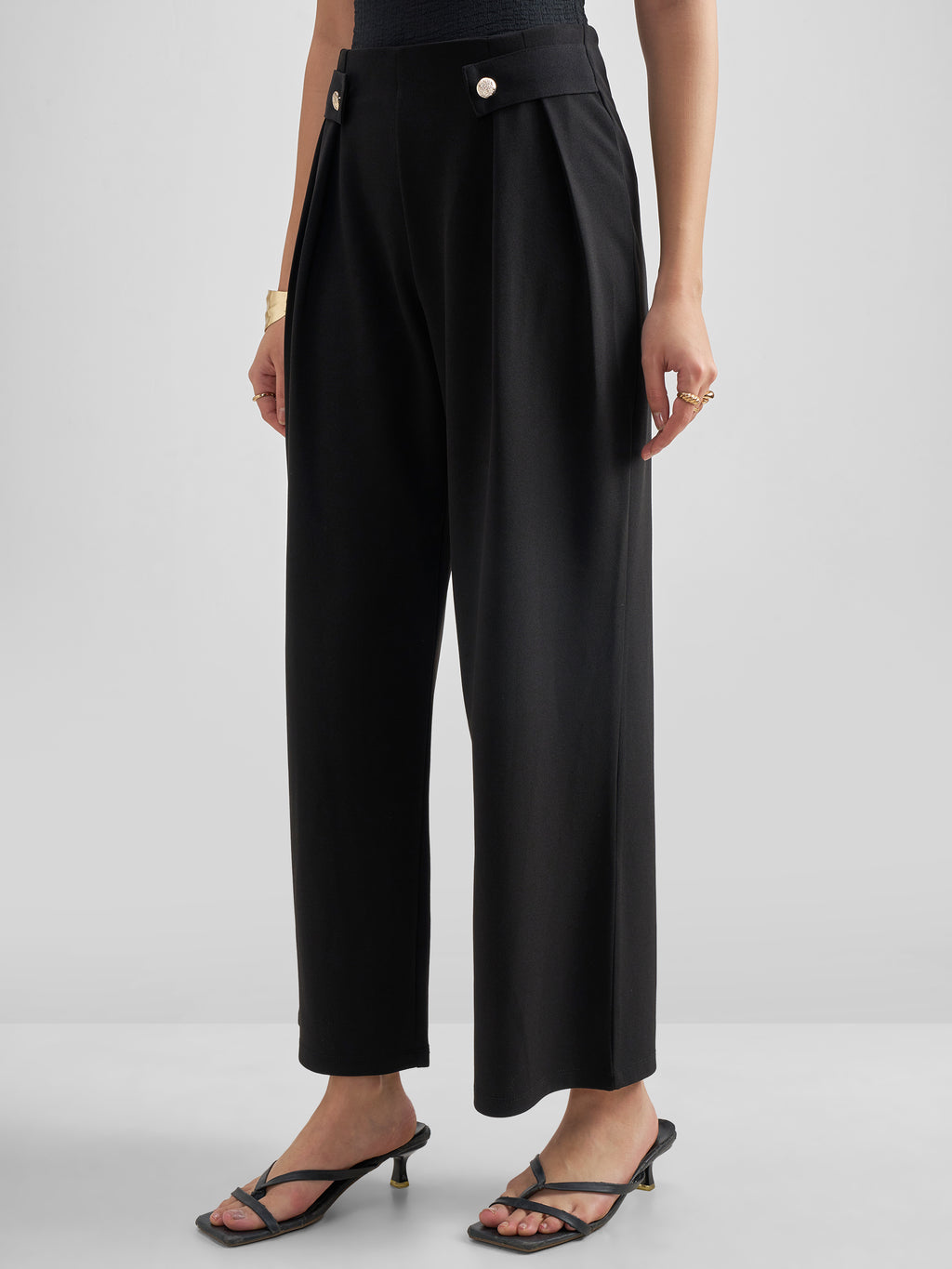 Tokyo Talkies Women Black Solid Wide Leg Regular Trouser - Black - Image 4
