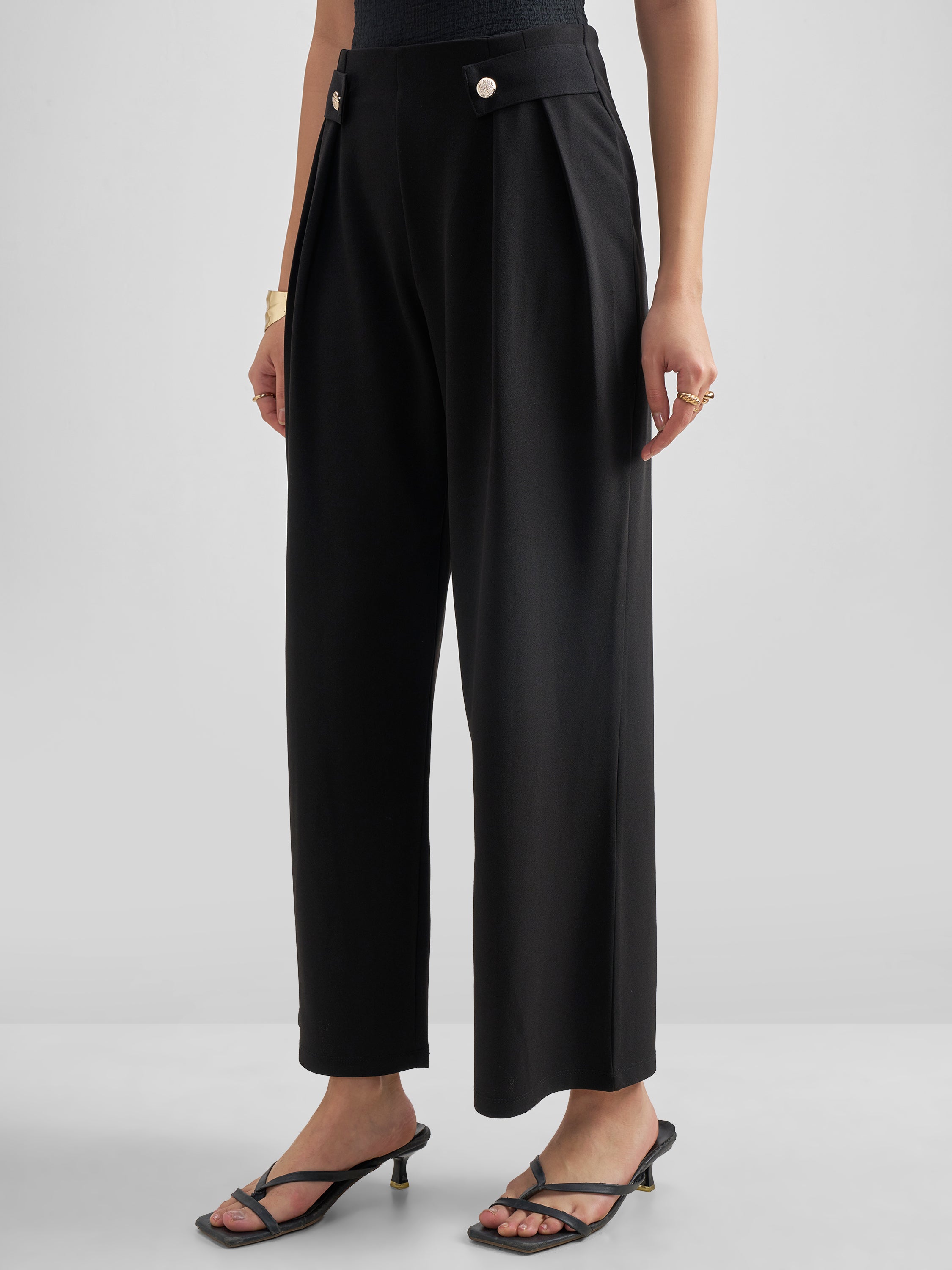 Tokyo Talkies Women Black Solid Wide Leg Regular Trouser - Black - Image 4