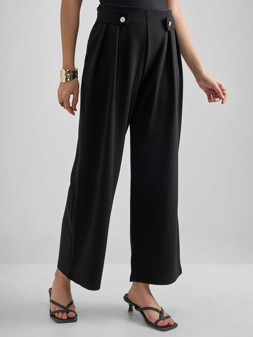 Tokyo Talkies Women Black Solid Wide Leg Regular Trouser - Black - Image 6