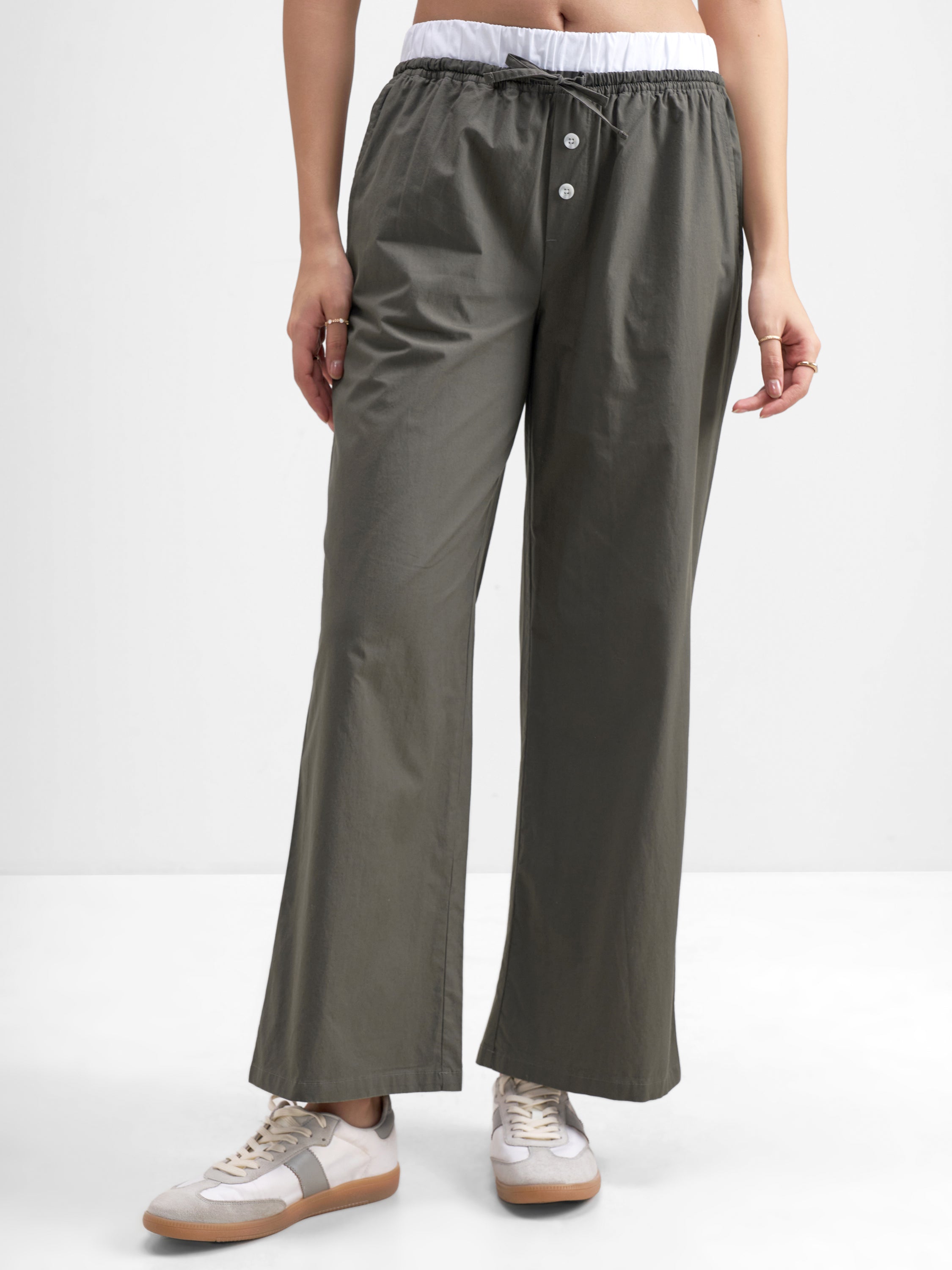Tokyo Talkies Women Olive Solid Straight Fit Regular Trouser - Olive - Image 1