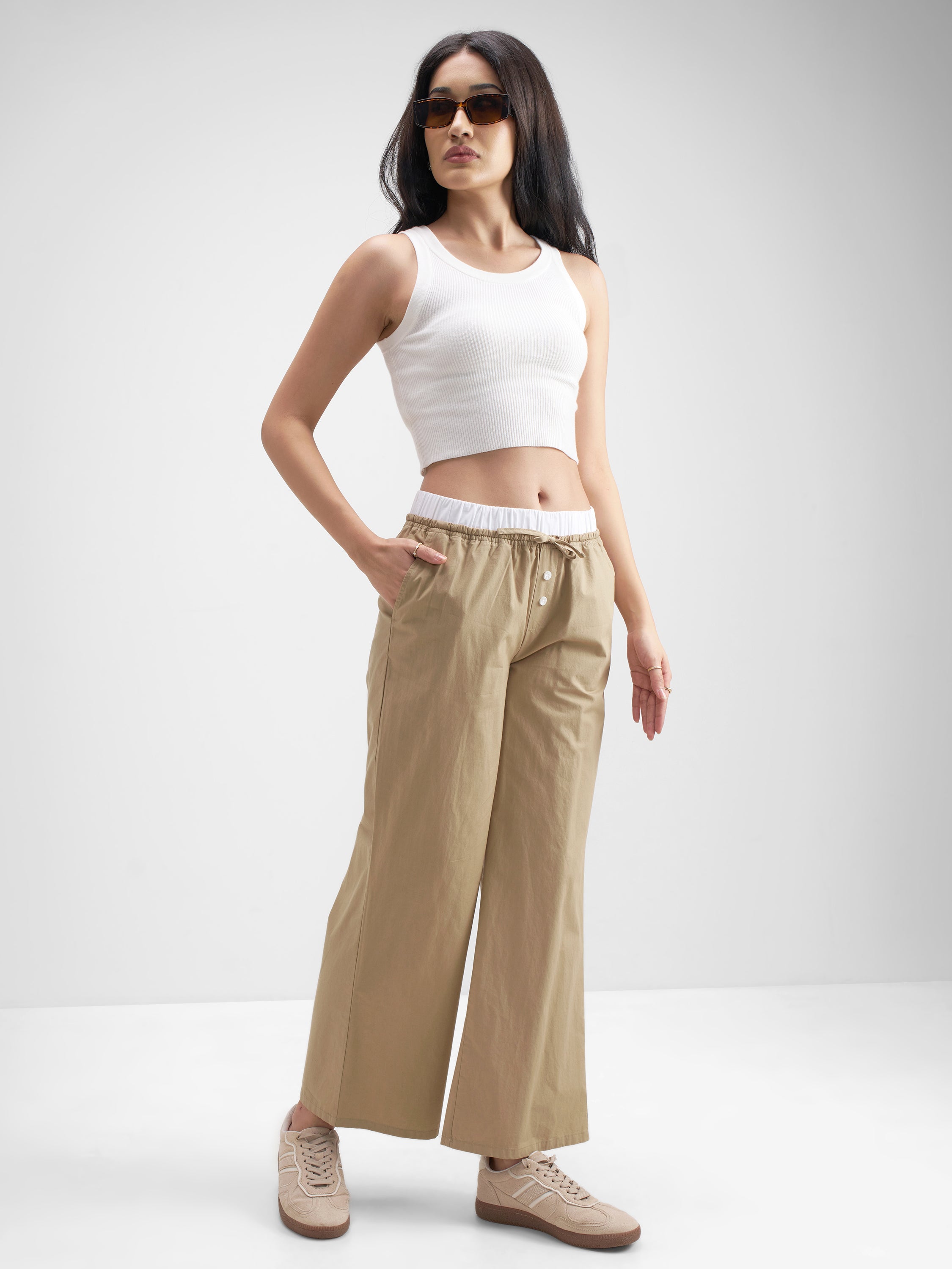 Tokyo Talkies Women Beige Solid Straight Fit Regular Trouser - Beige - Image 2
