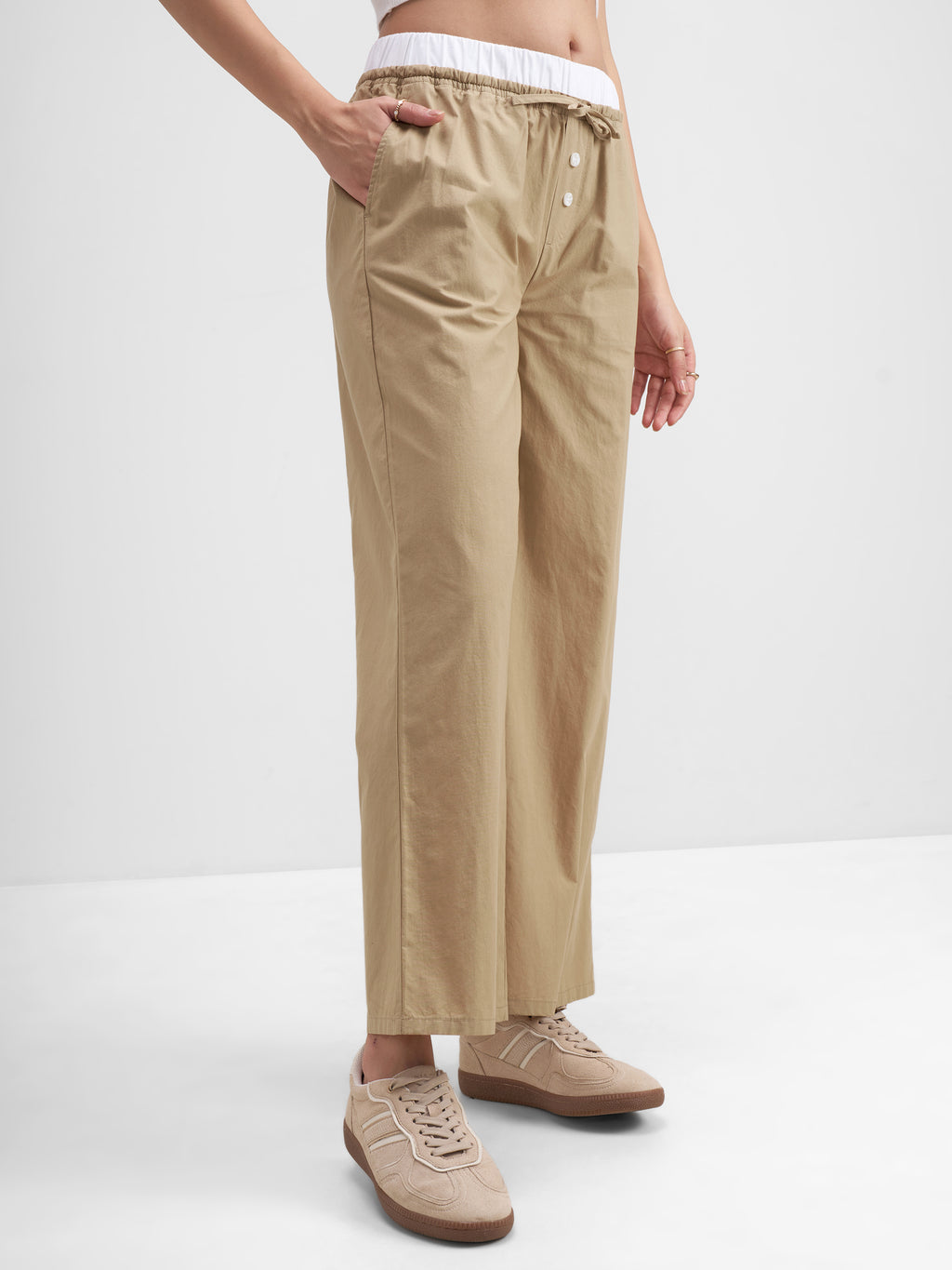 Tokyo Talkies Women Beige Solid Straight Fit Regular Trouser - Beige - Image 6
