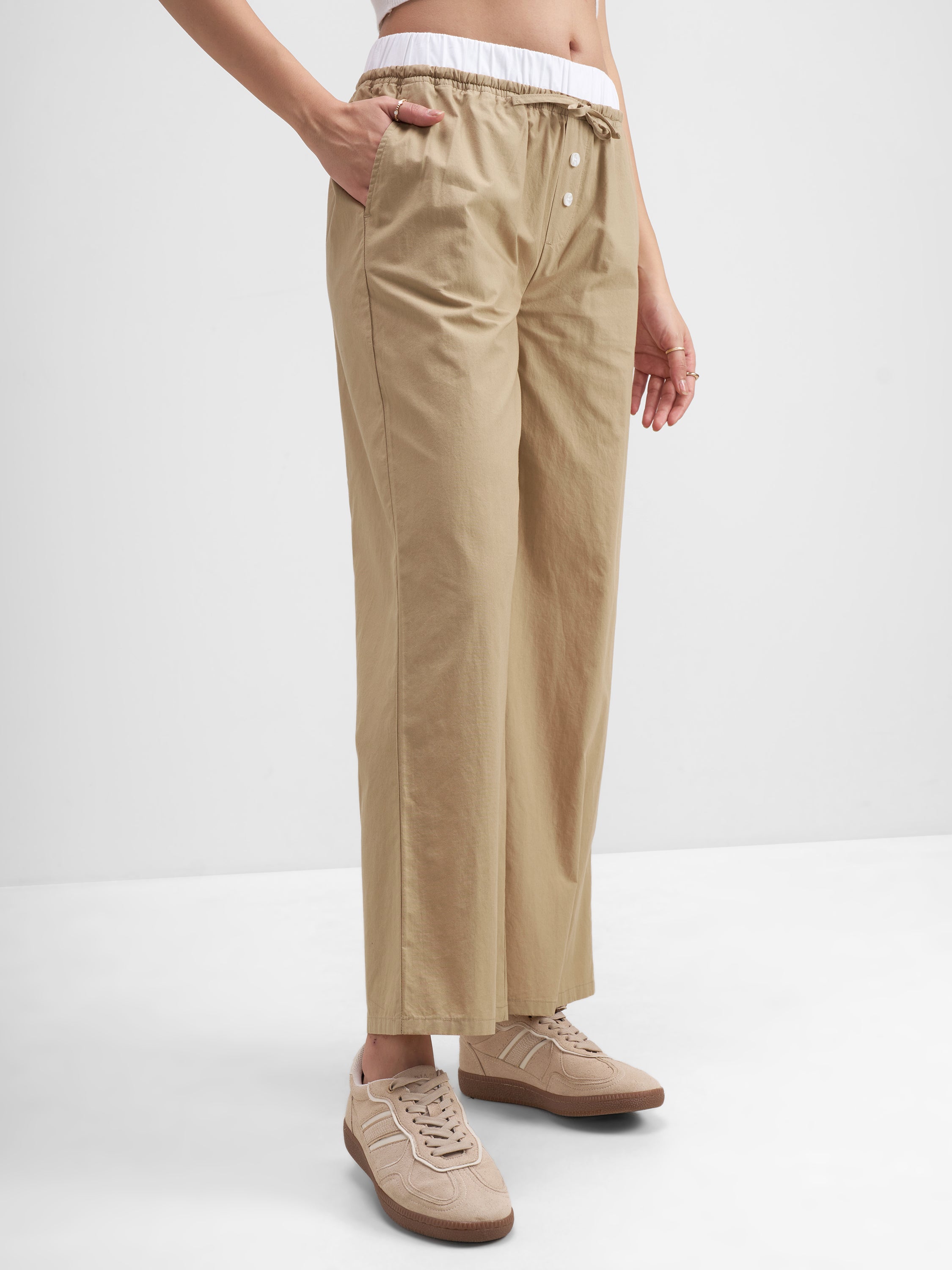 Tokyo Talkies Women Beige Solid Straight Fit Regular Trouser - Beige - Image 6