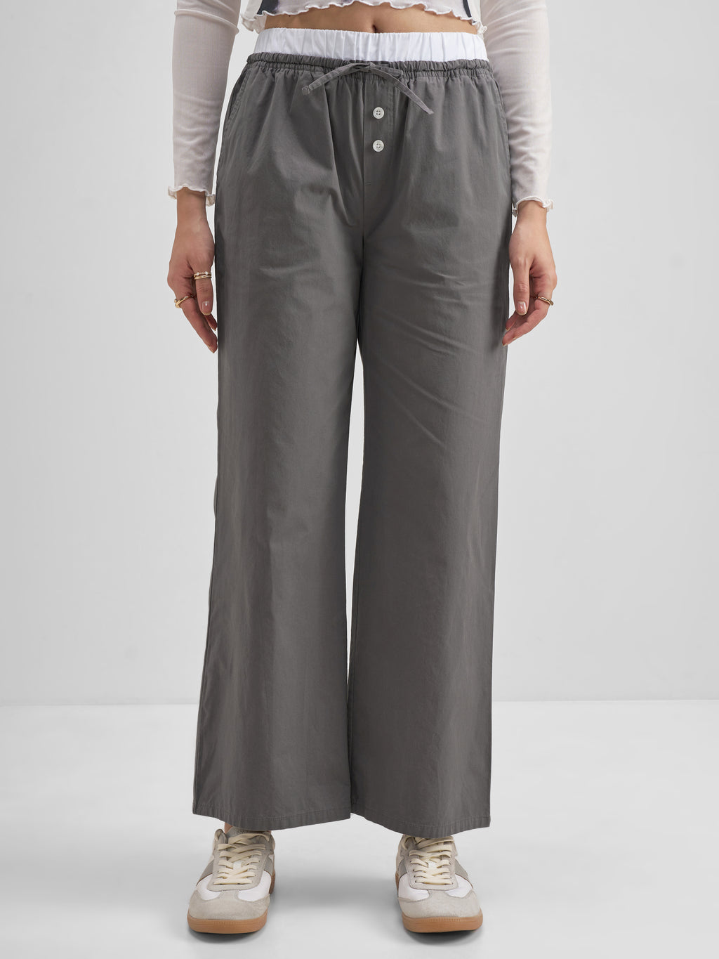 Tokyo Talkies Women Grey Solid Straight Fit Regular Trouser - Grey - Image 1