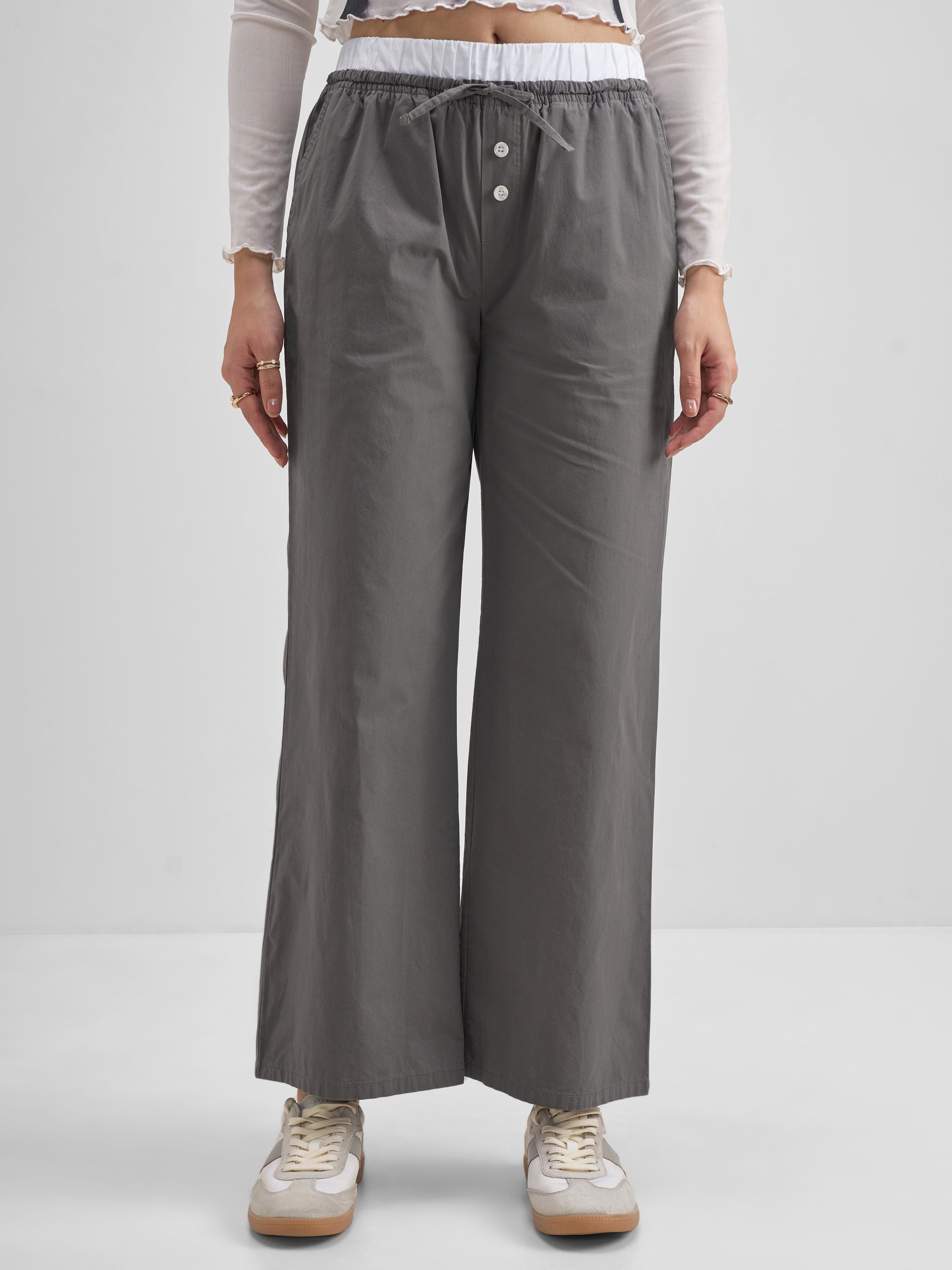 Tokyo Talkies Women Grey Solid Straight Fit Regular Trouser - Grey - Image 1