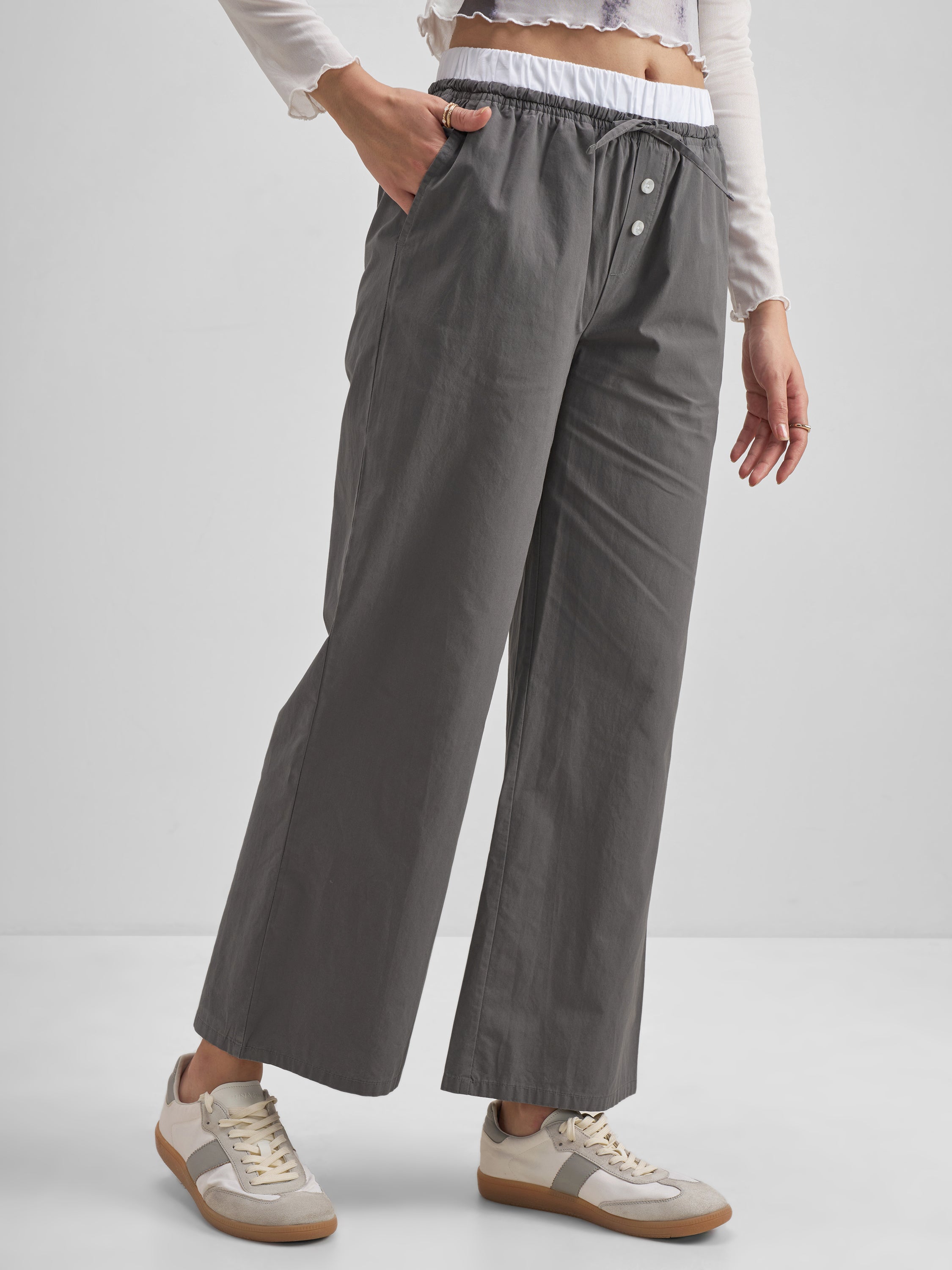 Tokyo Talkies Women Grey Solid Straight Fit Regular Trouser - Grey - Image 6