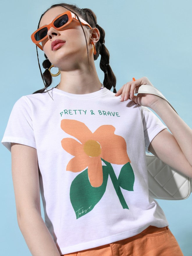 Tokyo Talkies Women White Printed Round Neck T-Shirt - White - Image 1