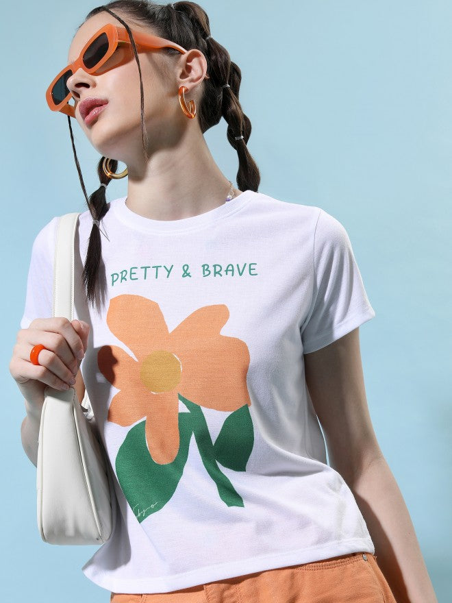 Tokyo Talkies Women White Printed Round Neck T-Shirt - White - Image 4