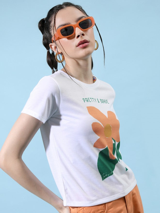 Tokyo Talkies Women White Printed Round Neck T-Shirt - White - Image 6