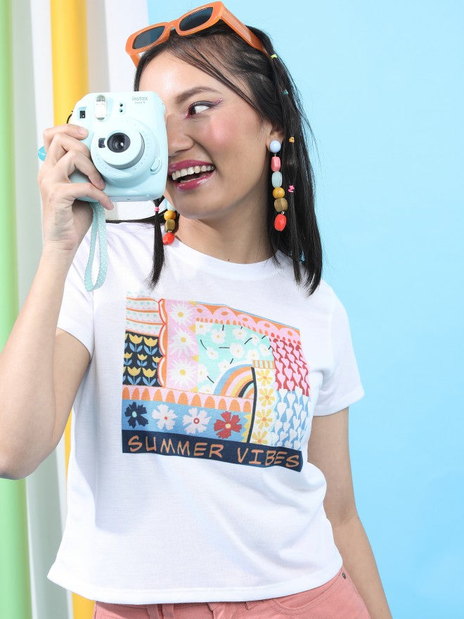 Tokyo Talkies Women White Printed Round Neck T-Shirt - White - Image 1