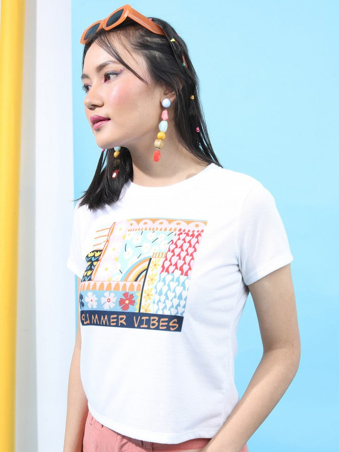 Tokyo Talkies Women White Printed Round Neck T-Shirt - White - Image 4