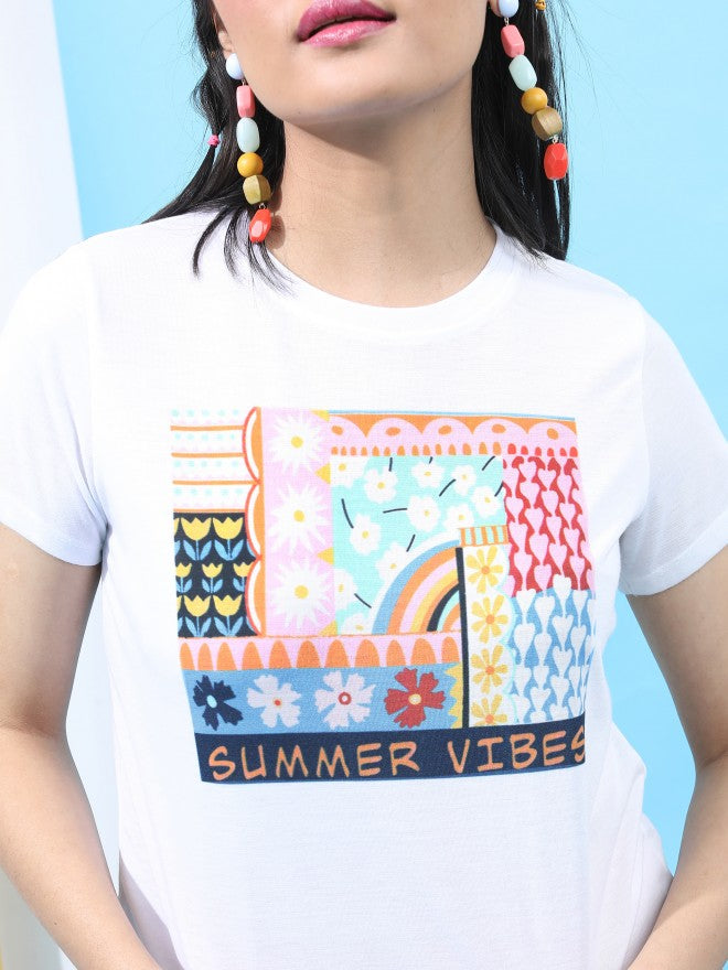 Tokyo Talkies Women White Printed Round Neck T-Shirt - White - Image 5