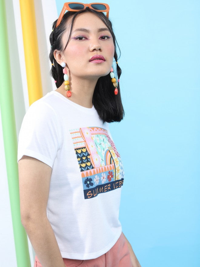 Tokyo Talkies Women White Printed Round Neck T-Shirt - White - Image 6