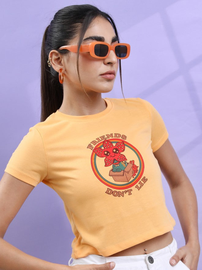 Tokyo Talkies Women Yellow Printed Round Neck T-Shirt - Yellow - Image 6