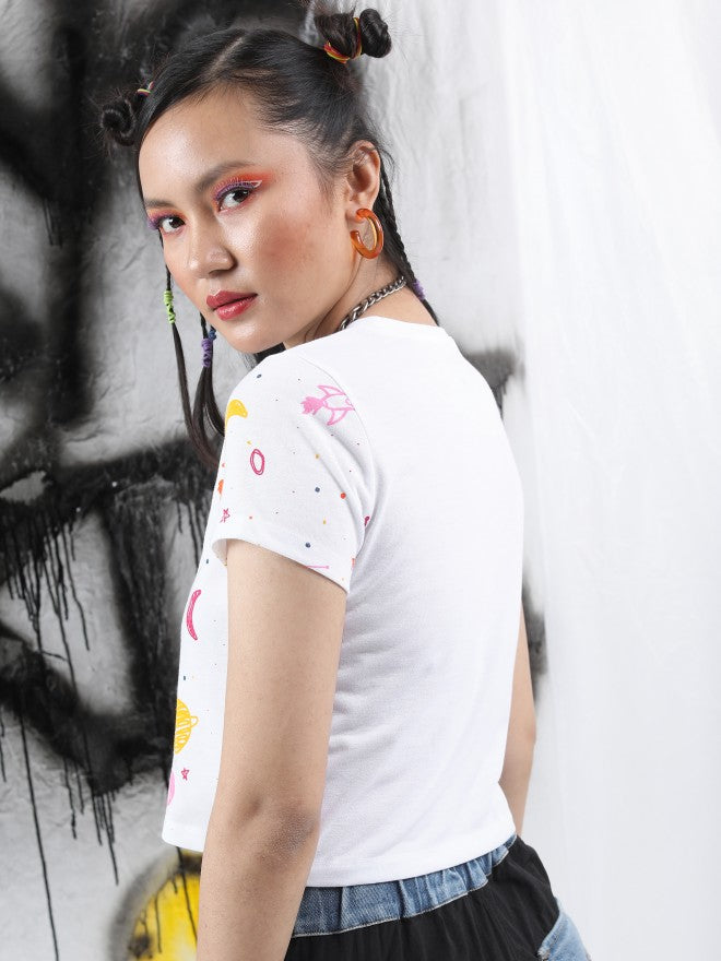 Tokyo Talkies Women White Printed Round Neck T-Shirt - White - Image 3