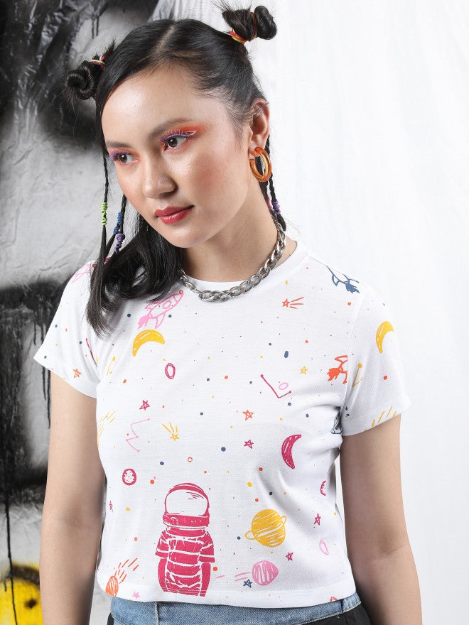Tokyo Talkies Women White Printed Round Neck T-Shirt - White - Image 4