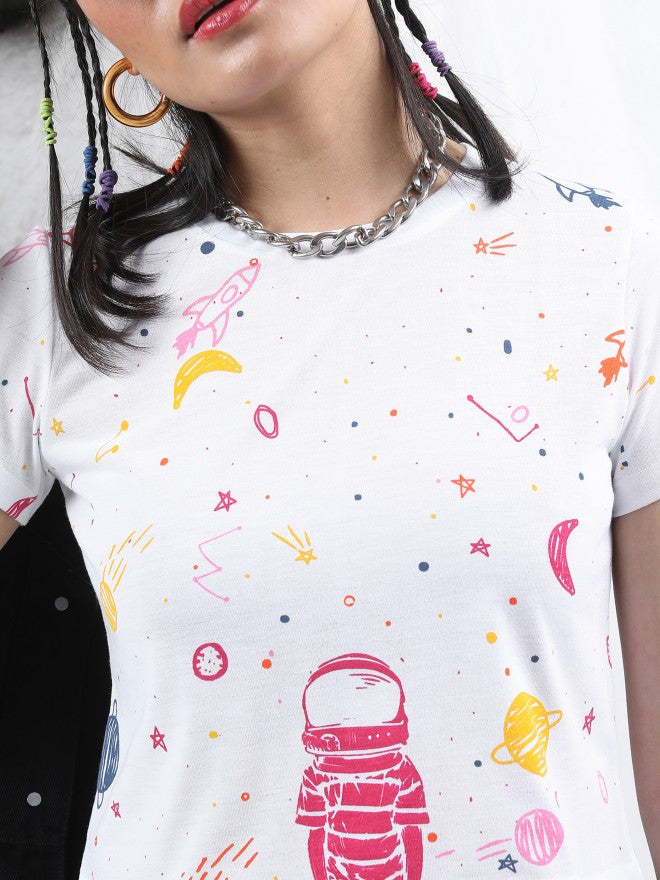 Tokyo Talkies Women White Printed Round Neck T-Shirt - White - Image 5