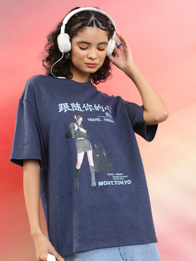 Tokyo Talkies Women Navy Blue Printed Round Neck Oversized Fit T-Shirt - Navy Blue - Image 1