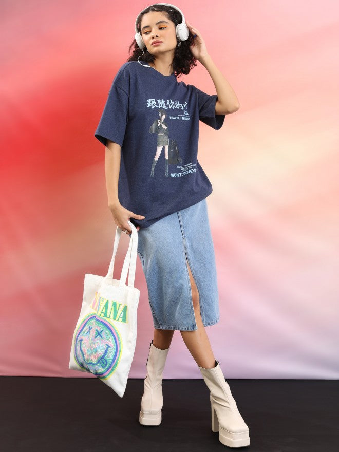 Tokyo Talkies Women Navy Blue Printed Round Neck Oversized Fit T-Shirt - Navy Blue - Image 2