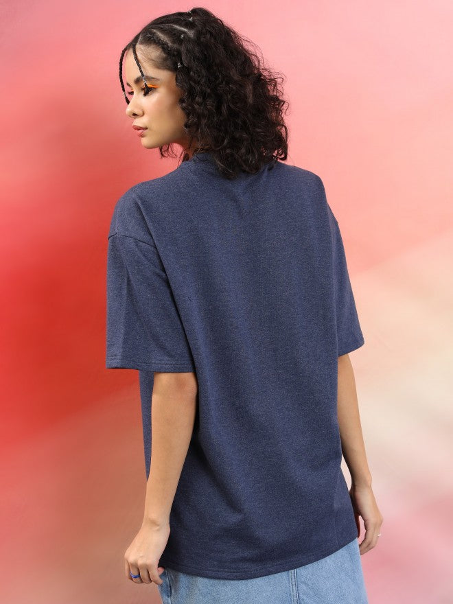 Tokyo Talkies Women Navy Blue Printed Round Neck Oversized Fit T-Shirt - Navy Blue - Image 3