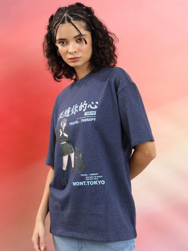 Tokyo Talkies Women Navy Blue Printed Round Neck Oversized Fit T-Shirt - Navy Blue - Image 4