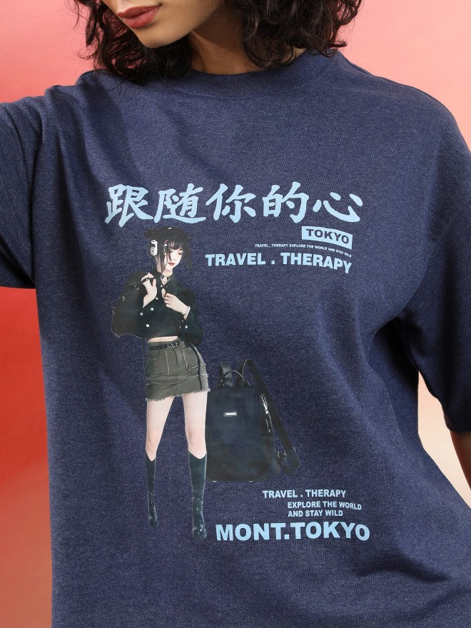 Tokyo Talkies Women Navy Blue Printed Round Neck Oversized Fit T-Shirt - Navy Blue - Image 5